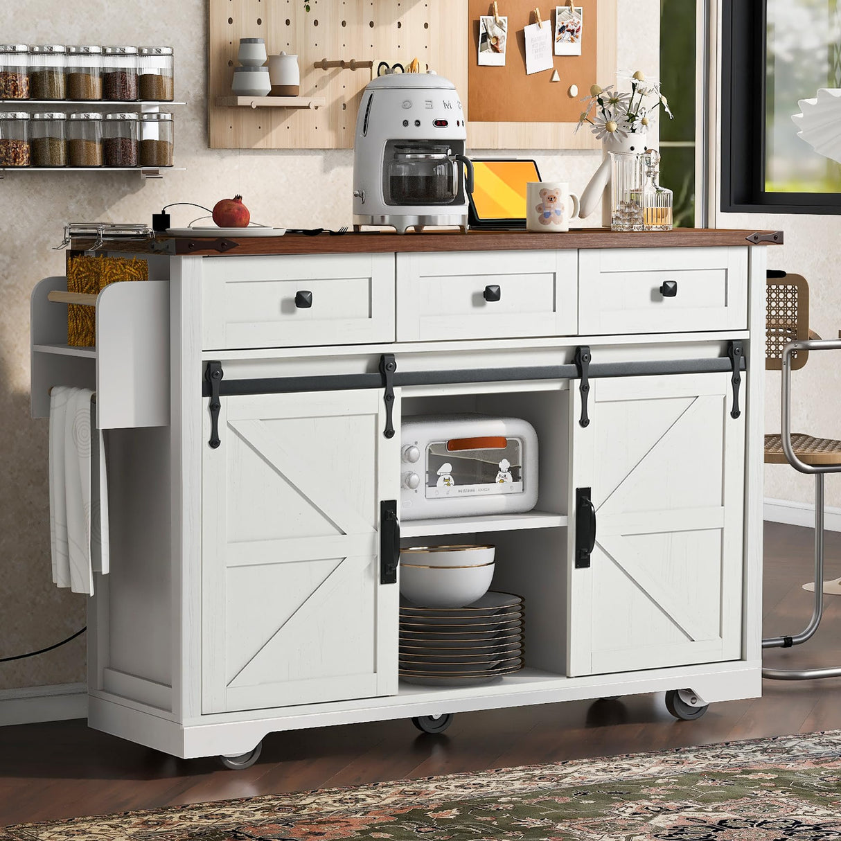 Tdewlye Farmhouse Kitchen Island with Power Outlet, 2 Sliding Barn Door Kitchen Storage Island with Drop Leaf, Spice Rack Rolling Kitchen Cart on Wheels, for Kitchen,Dining Room (White-@1) Tdewlye