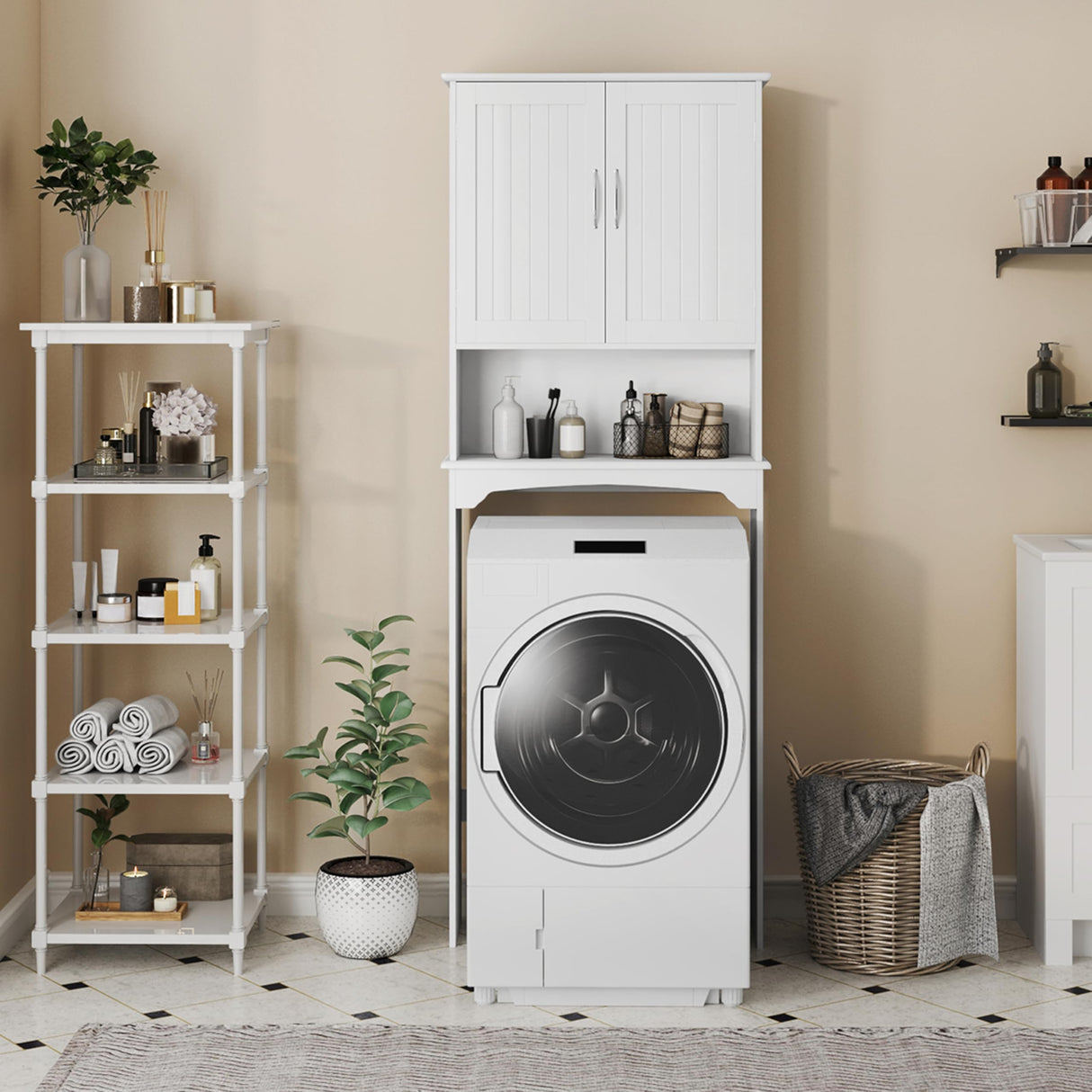 Yaheetech Over The Toilet Cabinet, Double Door Bathroom Storage Organizer, Toilet Rack with Inner Adjustable Shelf and Open Storage Shelf, White Yaheetech