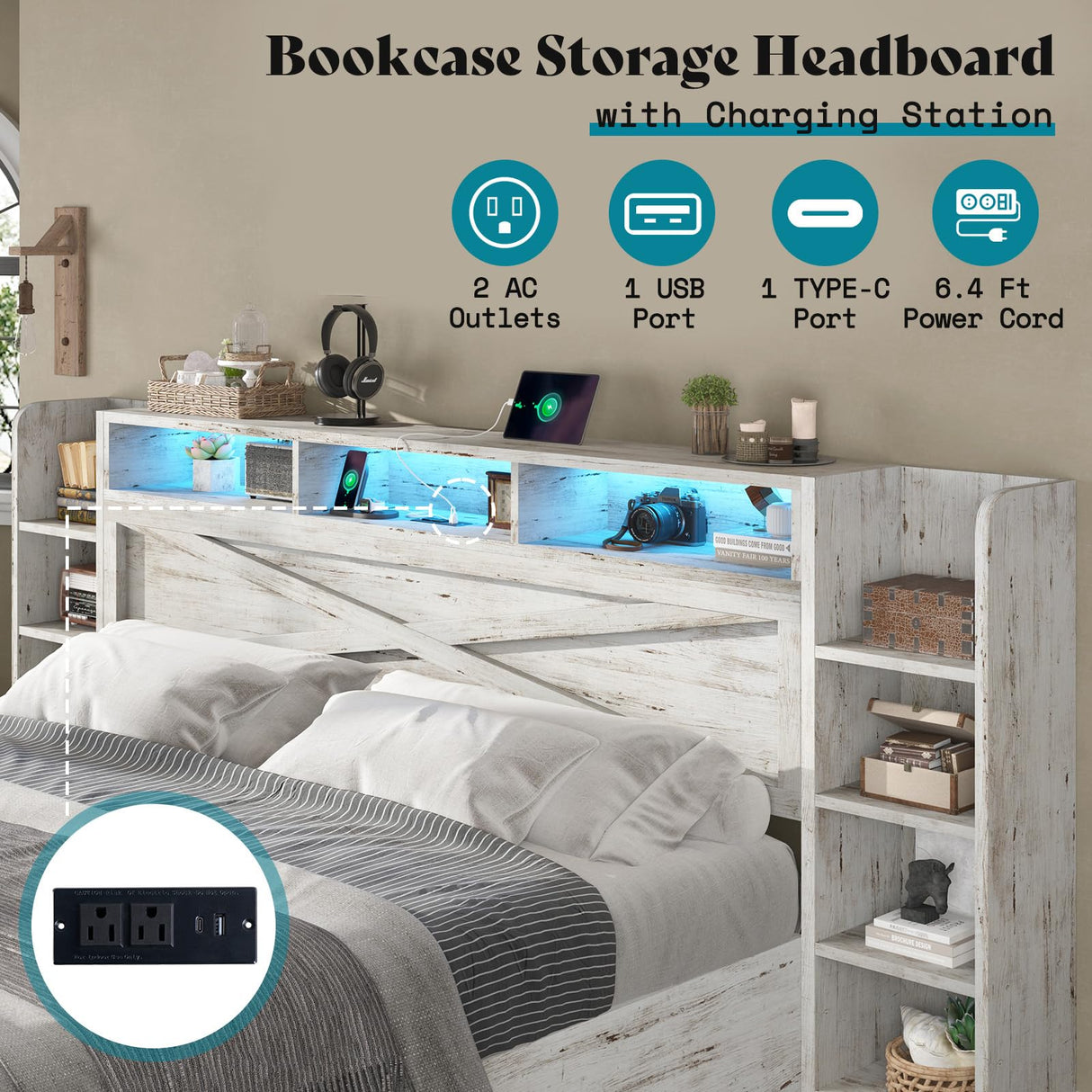 AMERLIFE King Size Lift Up Storage Bed Frame, 45.1" LED Bed Frame with 2 Side Shelves & Bookcase Headboard, Farmhouse Wood Platform Bed with Charging Station, No Box Spring Needed, Distressed White AMERLIFE