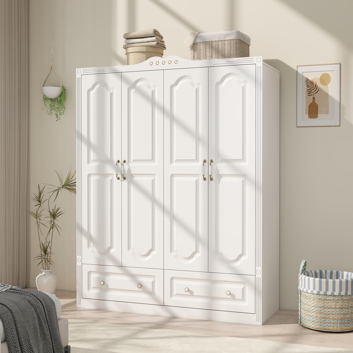 LABROSKIA White Armoire Wardrobe Closet with Drawers: 74" Large Wardrobe Closet with 4 Doors and 2 Drawers, Bedroom Armoires with Hanging Rod, Wooden Armoire Closets for Hanging Clothes (White, 59") LABROSKIA