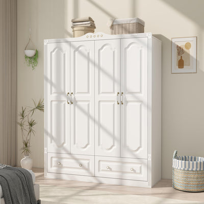 LABROSKIA White Armoire Wardrobe Closet with Drawers: 74" Large Wardrobe Closet with 4 Doors and 2 Drawers, Bedroom Armoires with Hanging Rod, Wooden Armoire Closets for Hanging Clothes (White, 59")