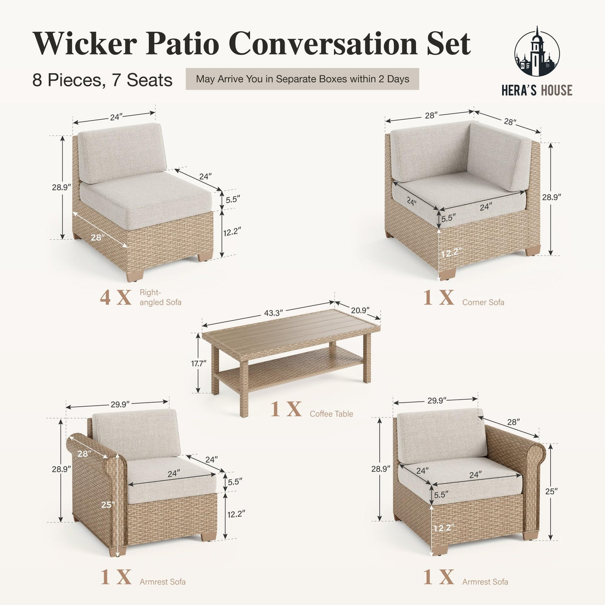 HERA'S HOUSE Patio Furniture Set, All Weather 7 Seats Outdoor Sectional Wicker Sofa with 44" Coffee Table, 5.5" Thick Waterproof Cushion 8 Piece Modular Conversation Sofa Set for Garden Deck Backyard HERA'S HOUSE