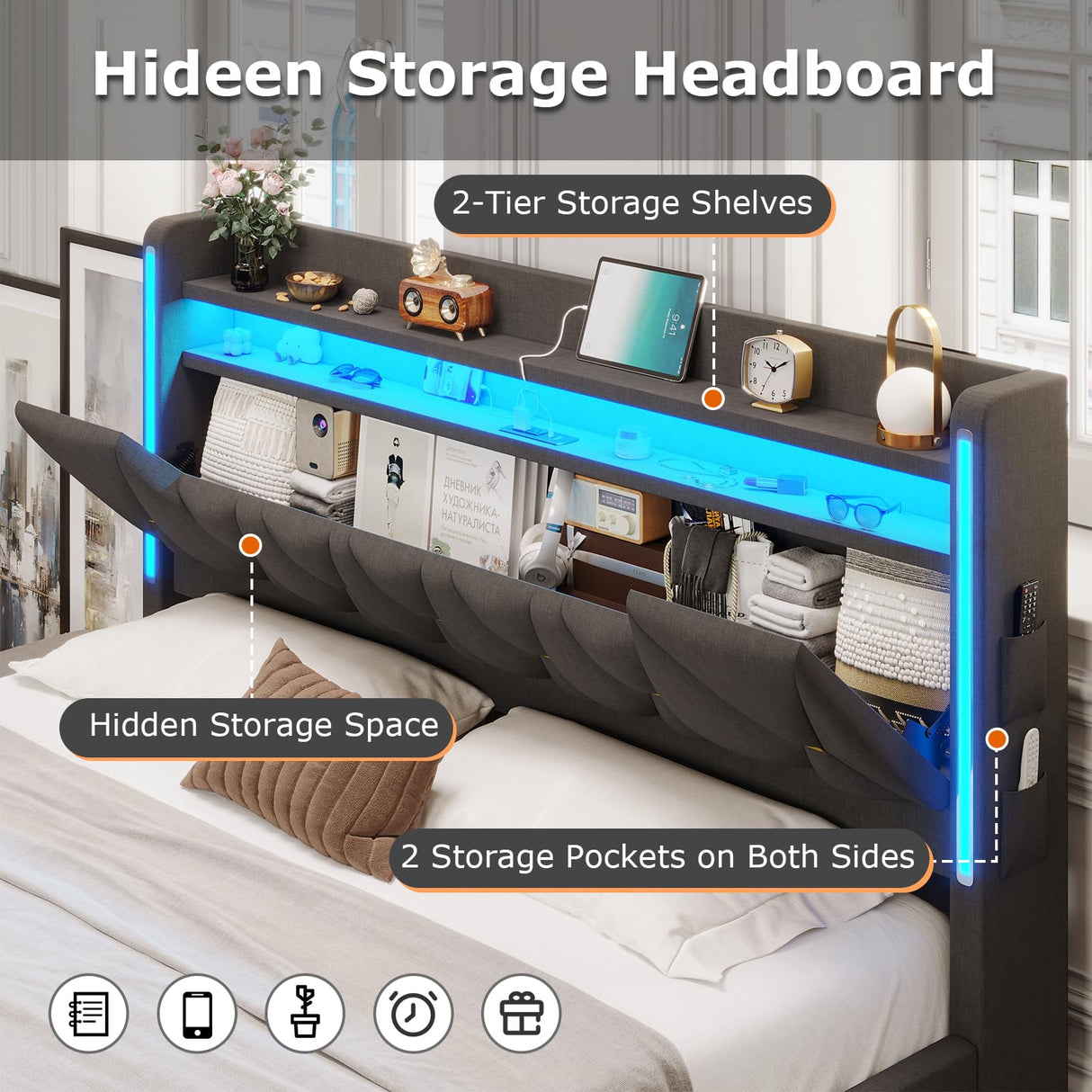 King Size Bed Frame with Marshmallow Headboard and Storage, Metal Bed Frame with LED Lights & Charging Station, Upholstered Platform King Bed with Metal Support, No Noise, No Box Spring Needed,Gray busyaeh