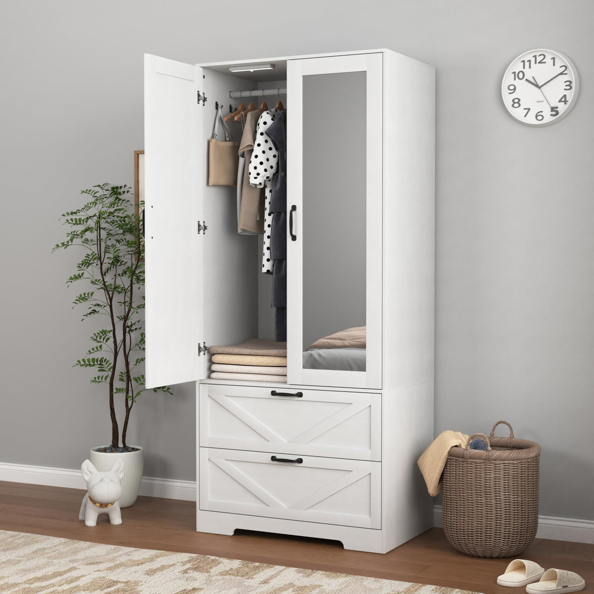 Armoire Wardrobe Closet, with 2 Rattan Doors, Freestanding Wooden Wardrobe Cabinet with 3 Storage Drawers and Hanging Rail, Wardrobe Armoire for Bedroom (White+Mirror) Rumiiro