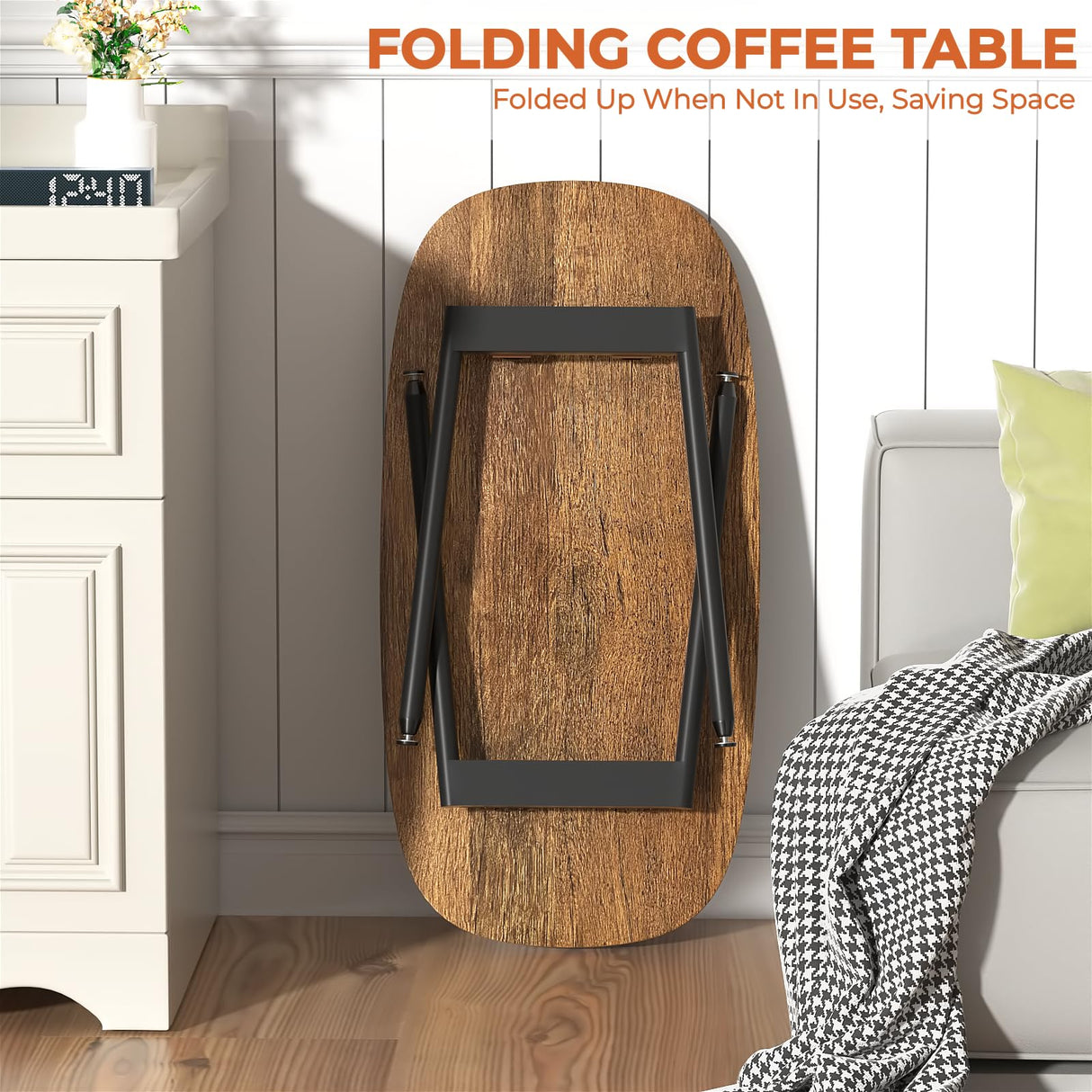 WOHOMO Folding Coffee Table Rustic Small Coffee Tables for Living Room Farmhouse Portable Table for Small Spaces Rectangular Mid Century Coffee Table, No Assembly 31.5 * 15.7 * 17.7IN, Walnut WOHOMO