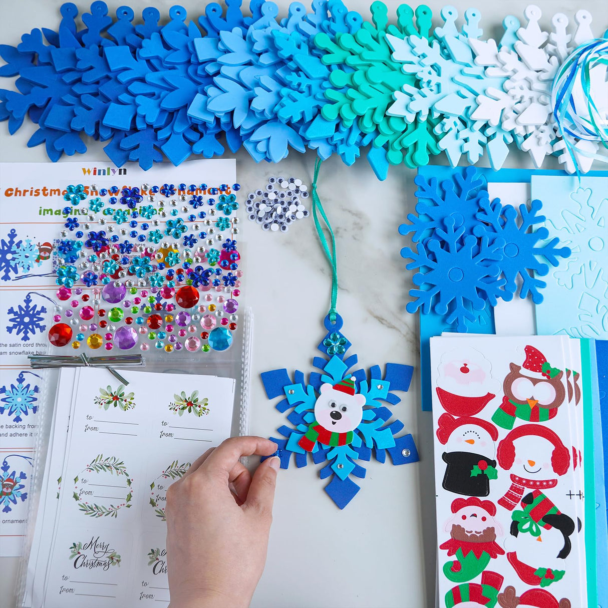 Winlyn 24 Sets Christmas Craft Kits Winter Crafts DIY Christmas Snowflake Ornaments Decorations Art Sets Foam Snowman Santa Owl Christmas Stickers for Kids Holiday Classroom Activities Party Favors Winlyn