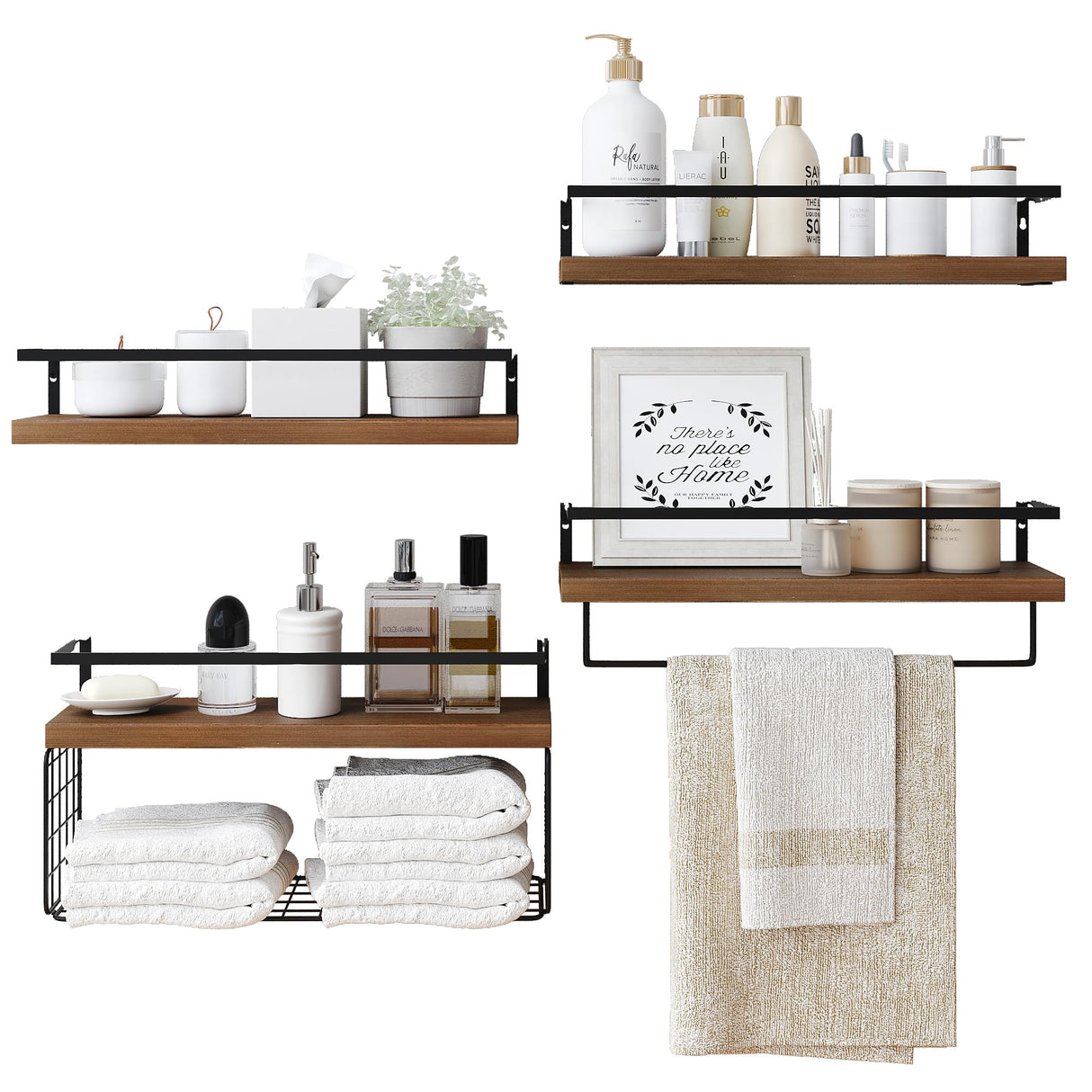 LUDORU Wood Floating Shelves Wall Mounted - 4+1 Tier Rustic Bathroom Wall Shelves Over Toilet with Wire Storage Basket and Towel Bar, Set of 4 Farmhouse Floating Shelf for Bathroom, Kitchen, Bedroom. LUDORU