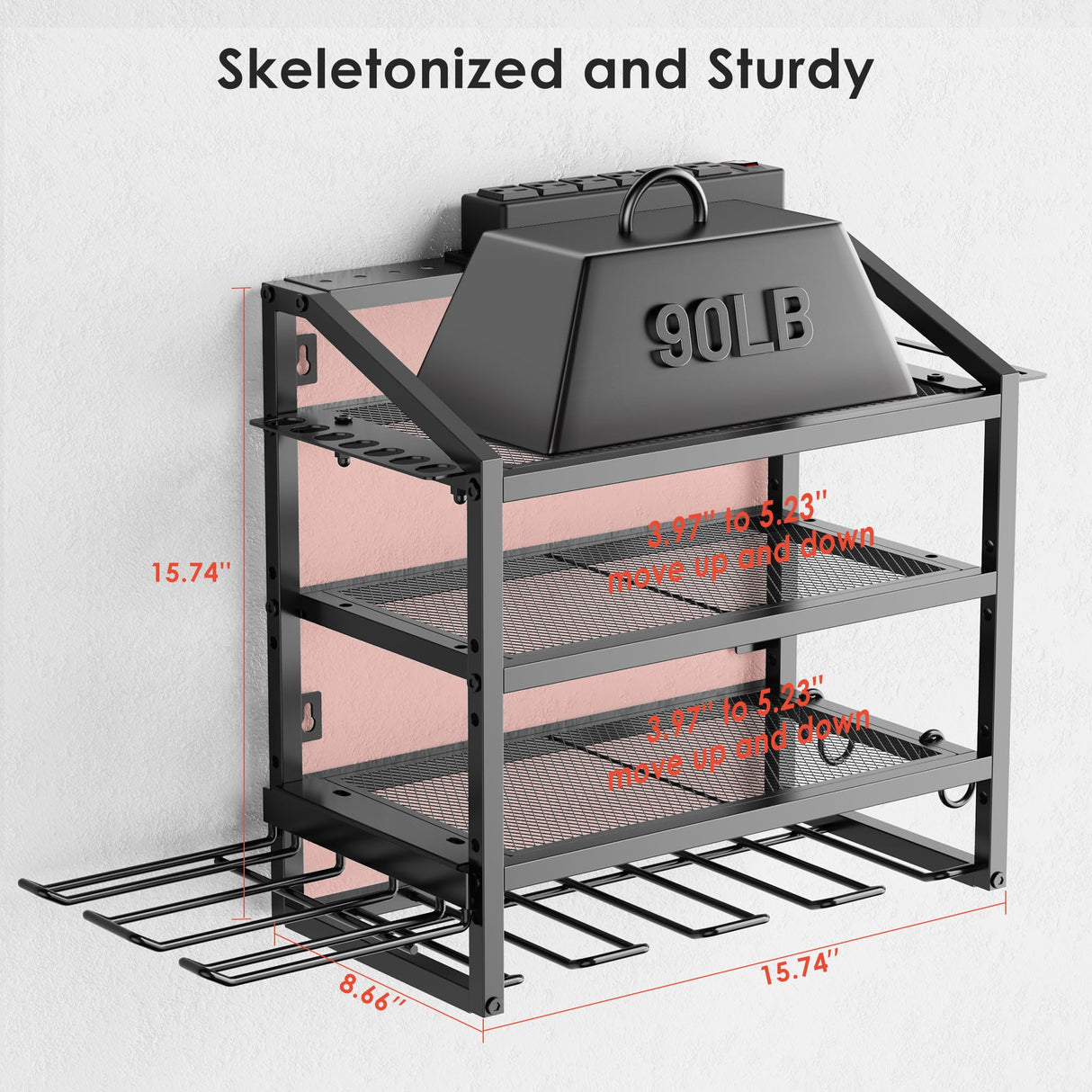 Power Tool Organizer Wall Mount with Charging Station, 4 Layer Storage Rack and Tool Holder for Garage Organization, 6 Drill Holder Wall Mount, 4 Hooks and 6 Outlet Power Strip, Great Men's Gift FULOOPHI