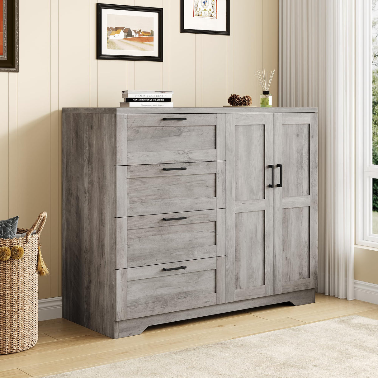 GarveeHome Multifunctional Wooden Dresser for Bedroom, 43.3 in H 2 Door Wardrobe Armoire Closet with 4 Drawers and Hanging Rod, Low Storage Cabinet for Hanging Cloth, Gray GarveeHome