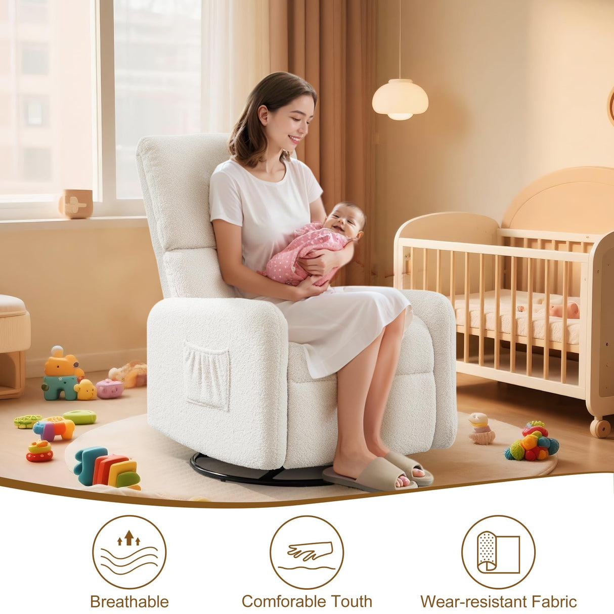 Korser 360° Swivel Glider Chair, Rocking Chair Nursery with Side Pockets, Deep Cushioned Seat, Nursery Chair with Steel Structure Base, Sherpa Swivel Chairs for Living Room, Bedroom, Baby Room Korser