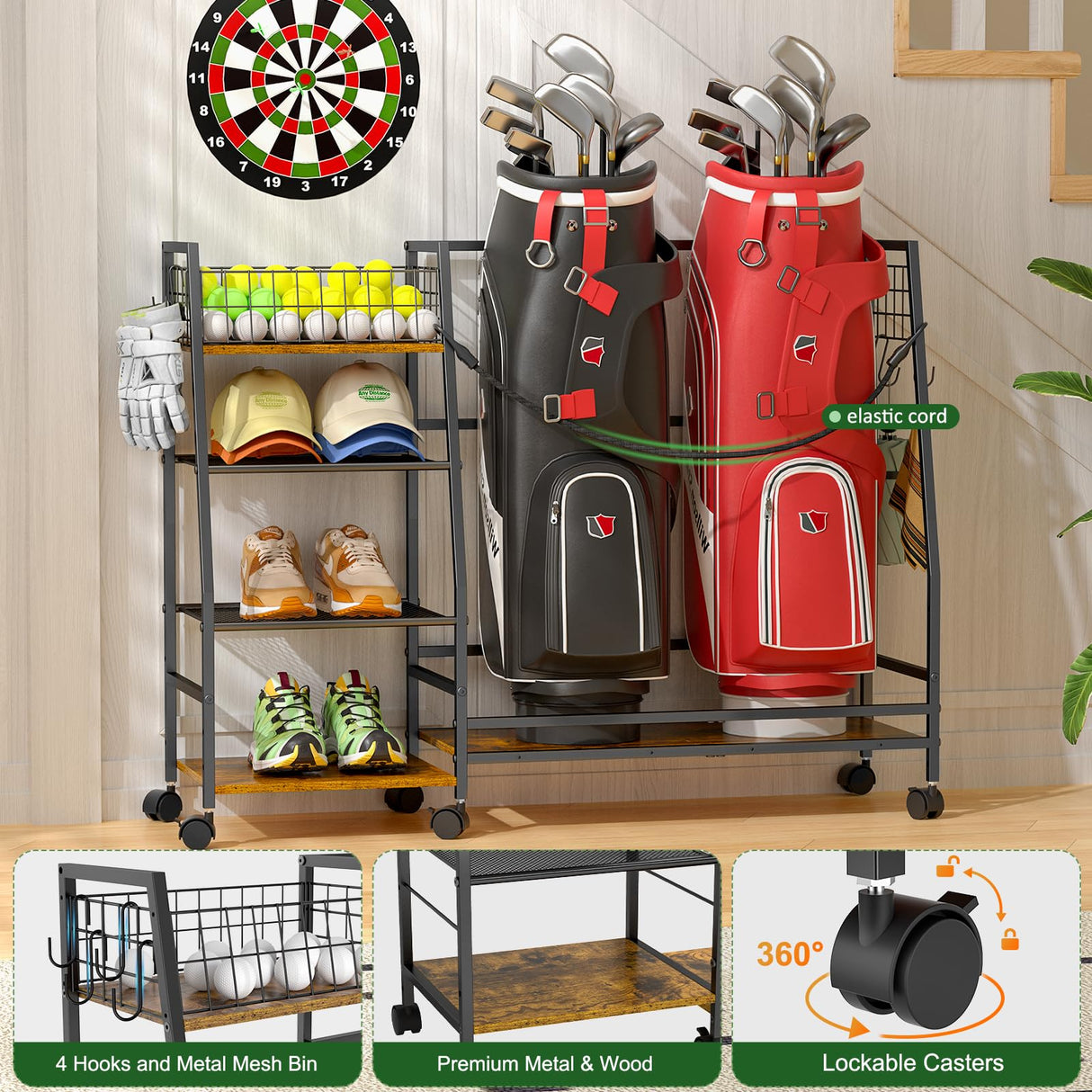 Golf Bag Storage Rack for Garage with Wheels, Organizer for 2 Golf Bag and Equipment Accessories, Golf Organizer Stand Ideal for Home, Garage, Club, Shed, Basement - Sturdy and Durable (Black) DAOUTIME