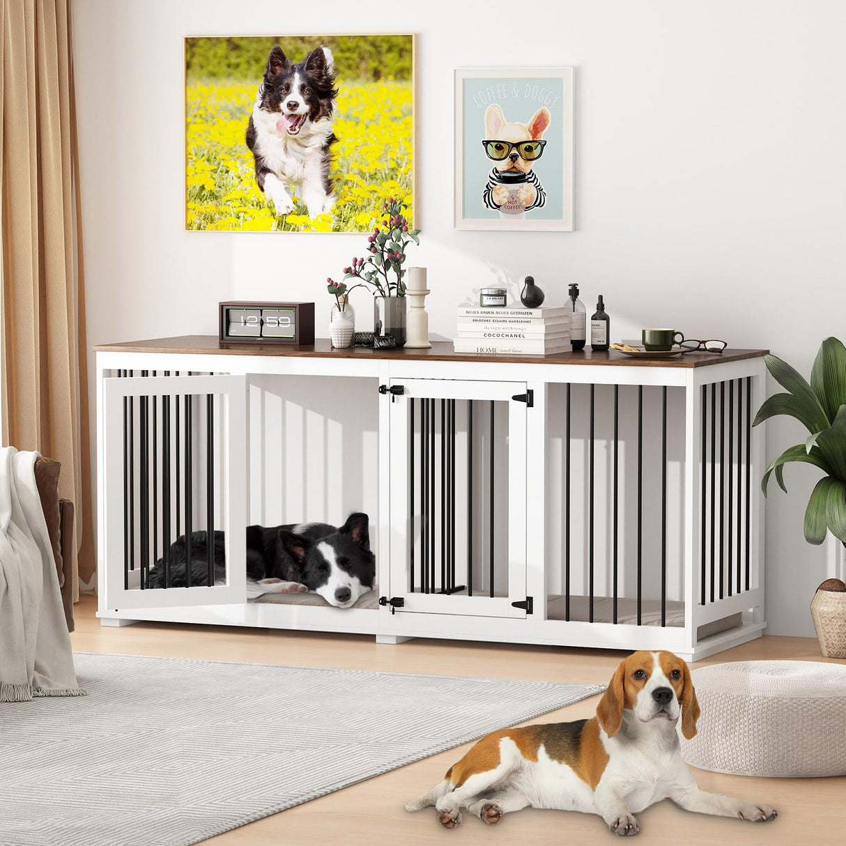DAWNSPACES Double Dog Crates Furniture for Large Dogs, 71" Heavy Duty Wooden Large Dog Kennel with Removable Divider for 2 Dogs, Indoor Furniture Style Dog Crate House TV Stand, White DAWNSPACES
