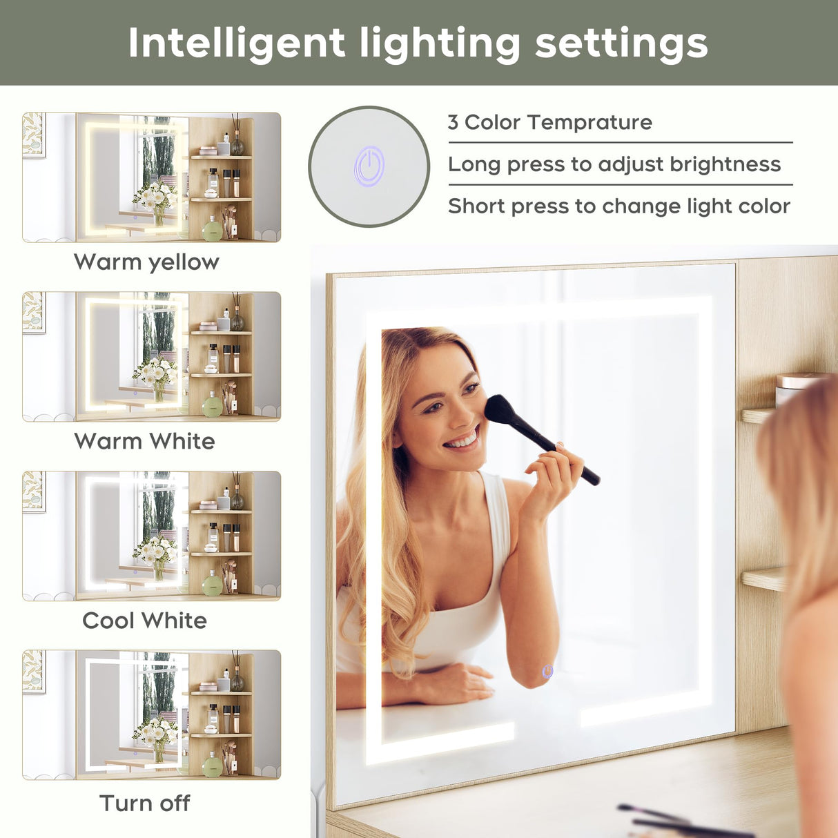 Yechen 35" Boho Makeup Vanity Table with LED Lighted Mirror & Power Strip, Wooden Dressing Table Set with Rattan Drawers, Storage Shelves and Cushioned Stool for Bedroom, Perfect for Girls Women Gift Yechen