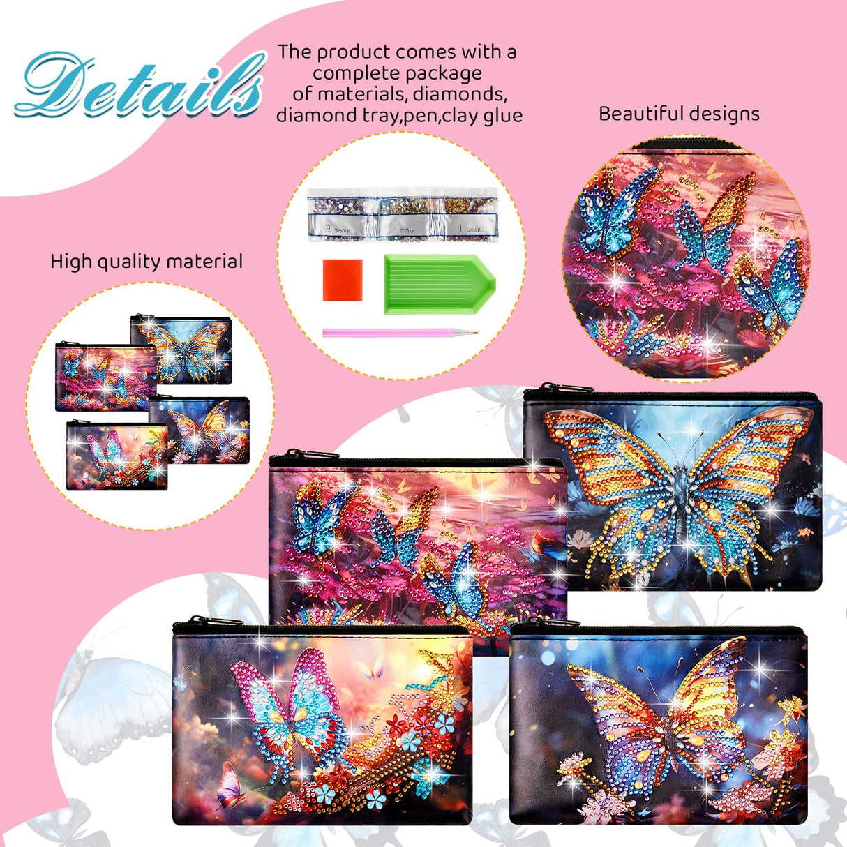 Silkfly 4 Pcs Diamond Painting Art Makeup Bags DIY Purses Toiletry 5d Handmade Double Design Diamond Painting Cosmetic Bags Bulk with Zipper Rhinestone Accessories for Women(Butterfly) Silkfly