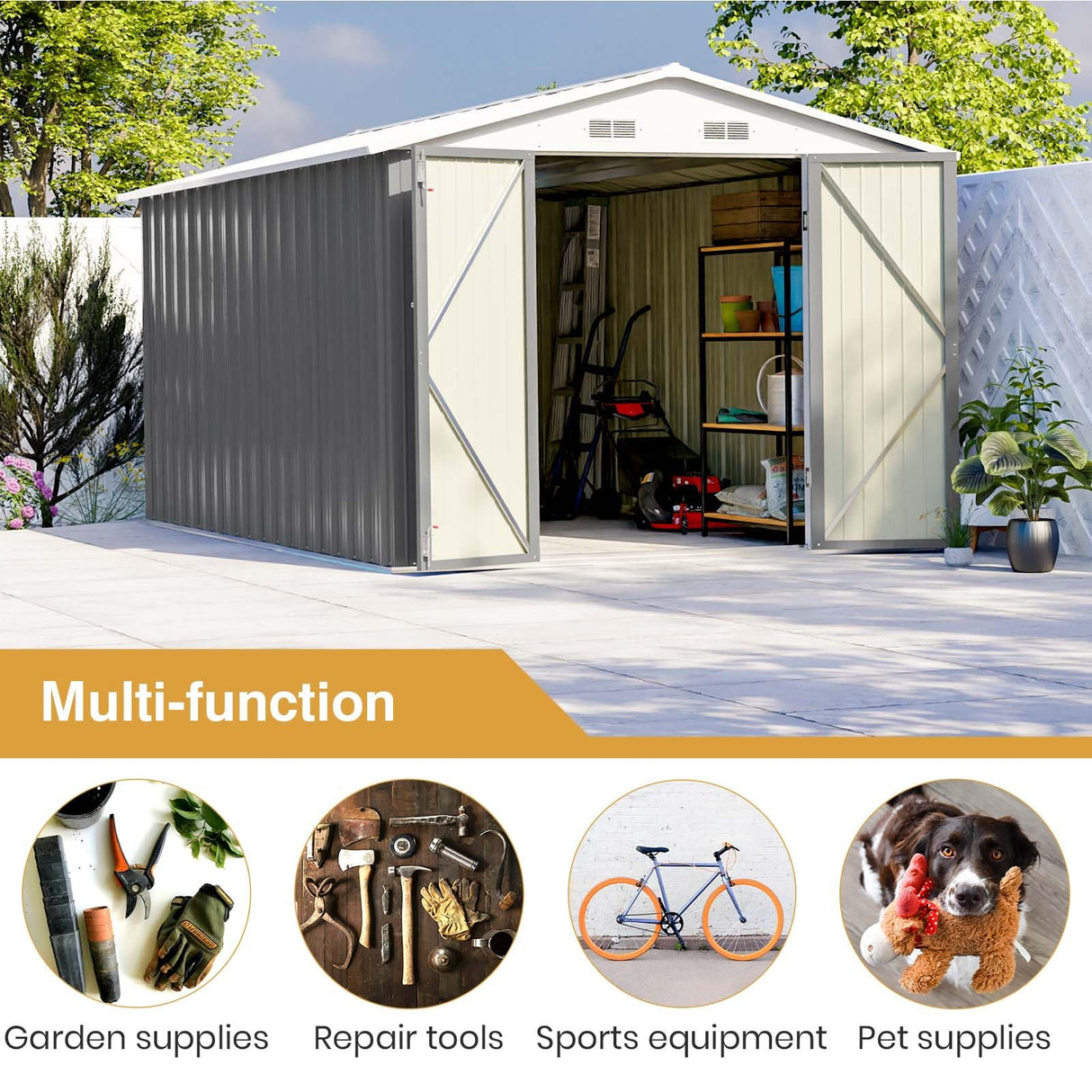 Patiowell 12 x 8 FT Outdoor Storage Shed, Steel Shed Storage House with Design of Lockable Doors, Utility and Tool Storage for Garden, Patio, Backyard, Outside use, Gray Patiowell