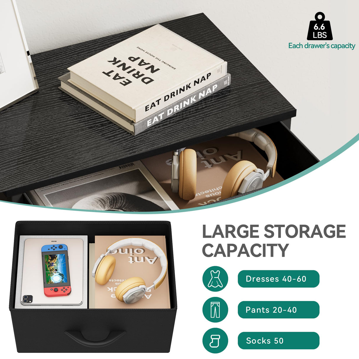 YITAHOME Storage Tower with 4 Drawers - Black Fabric Dresser, Organizer Unit for Bedroom, Living Room, Closets - Sturdy Steel Frame, Easy Pull Fabric Bins & Wooden Top YITAHOME