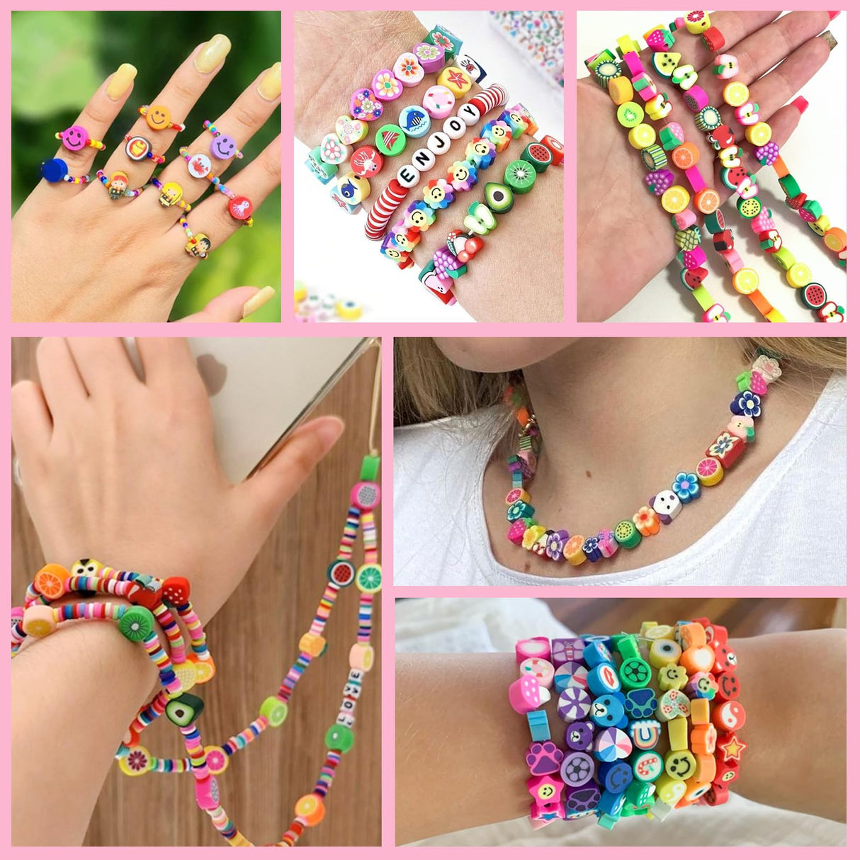 Gionlion 1000PCS Polymer Clay Beads Bracelet Making kit, 24 Style Cute Fun Fruit Flower Rainbow Butterfly Animal Heart Star Beads Charms for Jewelry Necklace Making Gift for Girls Kids Gionlion