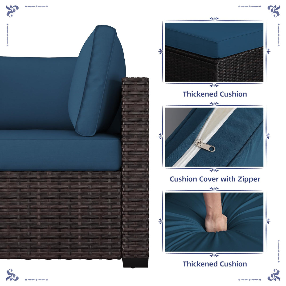 KIGOTY Patio Furniture Set 7 Pieces Conversation Sets, Outdoor Sectional Sofa, All-Weather PE Rattan Modular Sofa with Cushions and Glass Coffee Table(Brown/Peacock Blue,C) KIGOTY