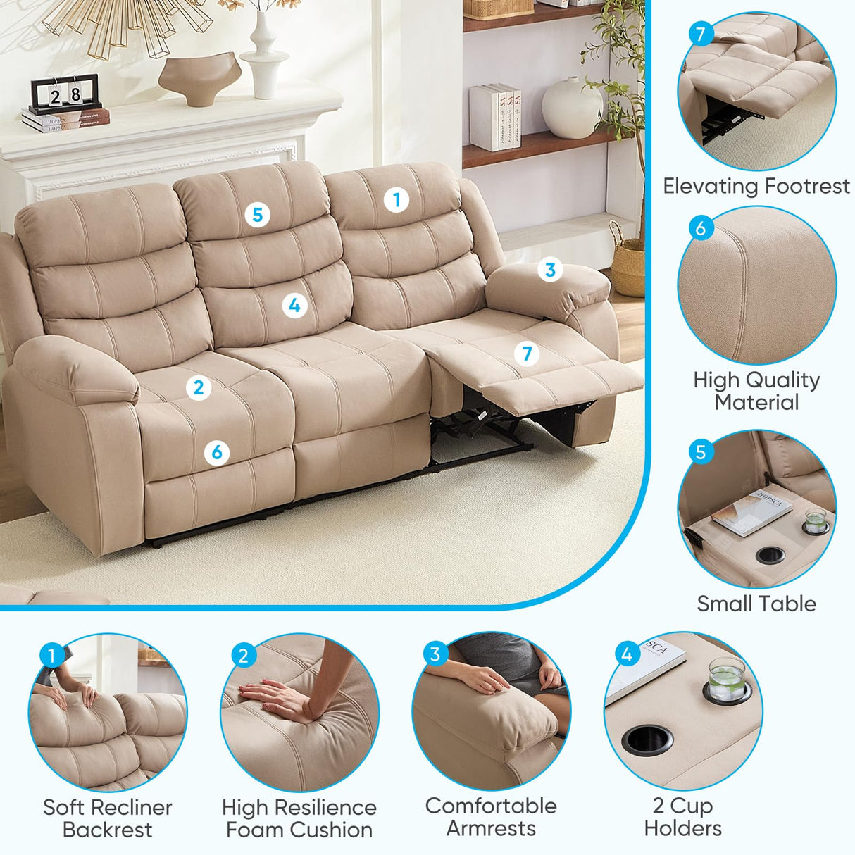 Mjkone Recliner Home Theater Seating, 3 Seater Power Reclining Sofa Chair, Manual Control Recliner Couch with Cup Holders & Flipped Middle Backrest & Table, Modern Couches for Living Room, Beige Mjkone