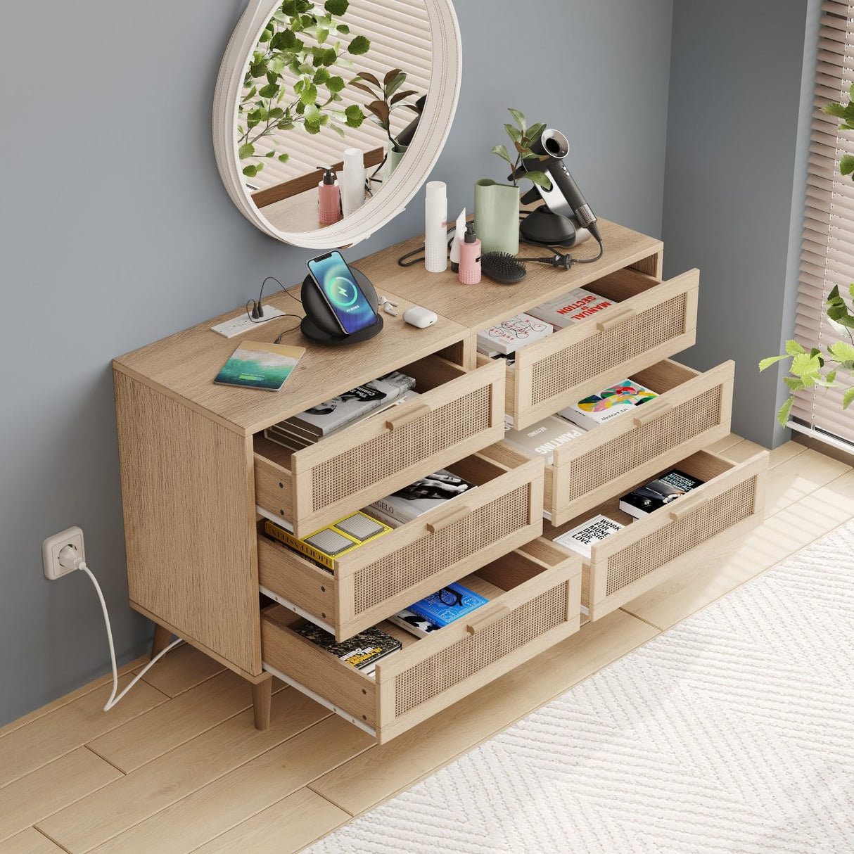 Irontar Set of 2 Rattan Nightstand with Charging Station, Night Stand with 3 Large Rattan Drawers, Accent End Table, Bedside Table with Solid Wooden Legs for Bedroom, Natural BZZ006ME02 Irontar