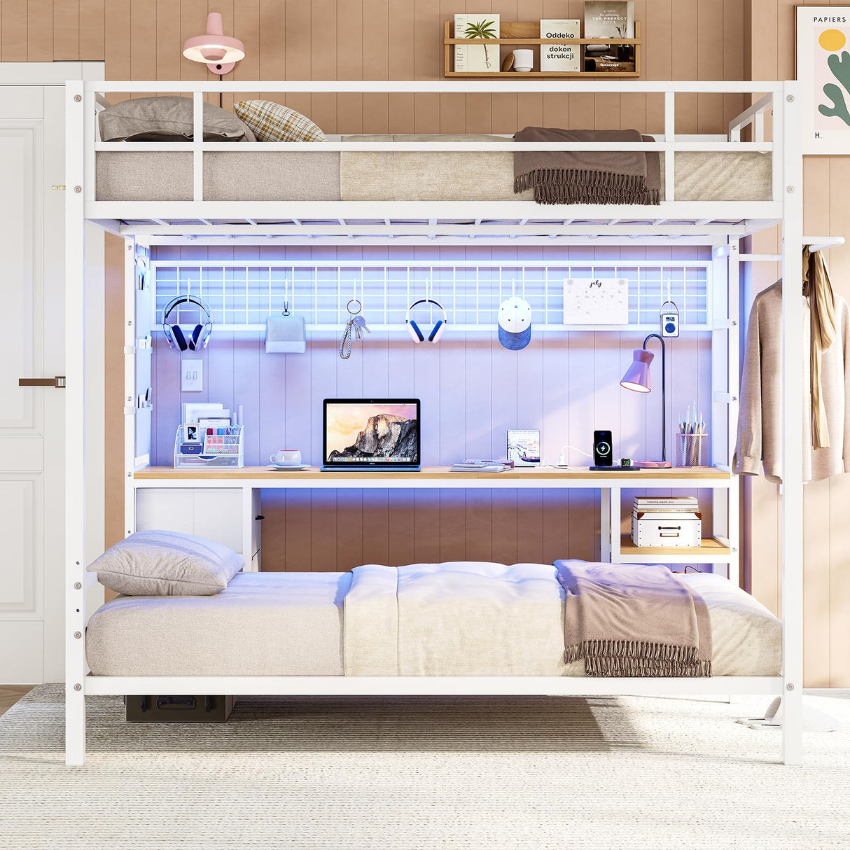 DICTAC Full Over Twin Bunk Bed with Desk and Led Lights Metal Loft Bed Frame with Charging Station,Storage Shelves and Drawers for Teen & Adults,Safety Guard & Ladder,No Box Spring Needed,White DICTAC