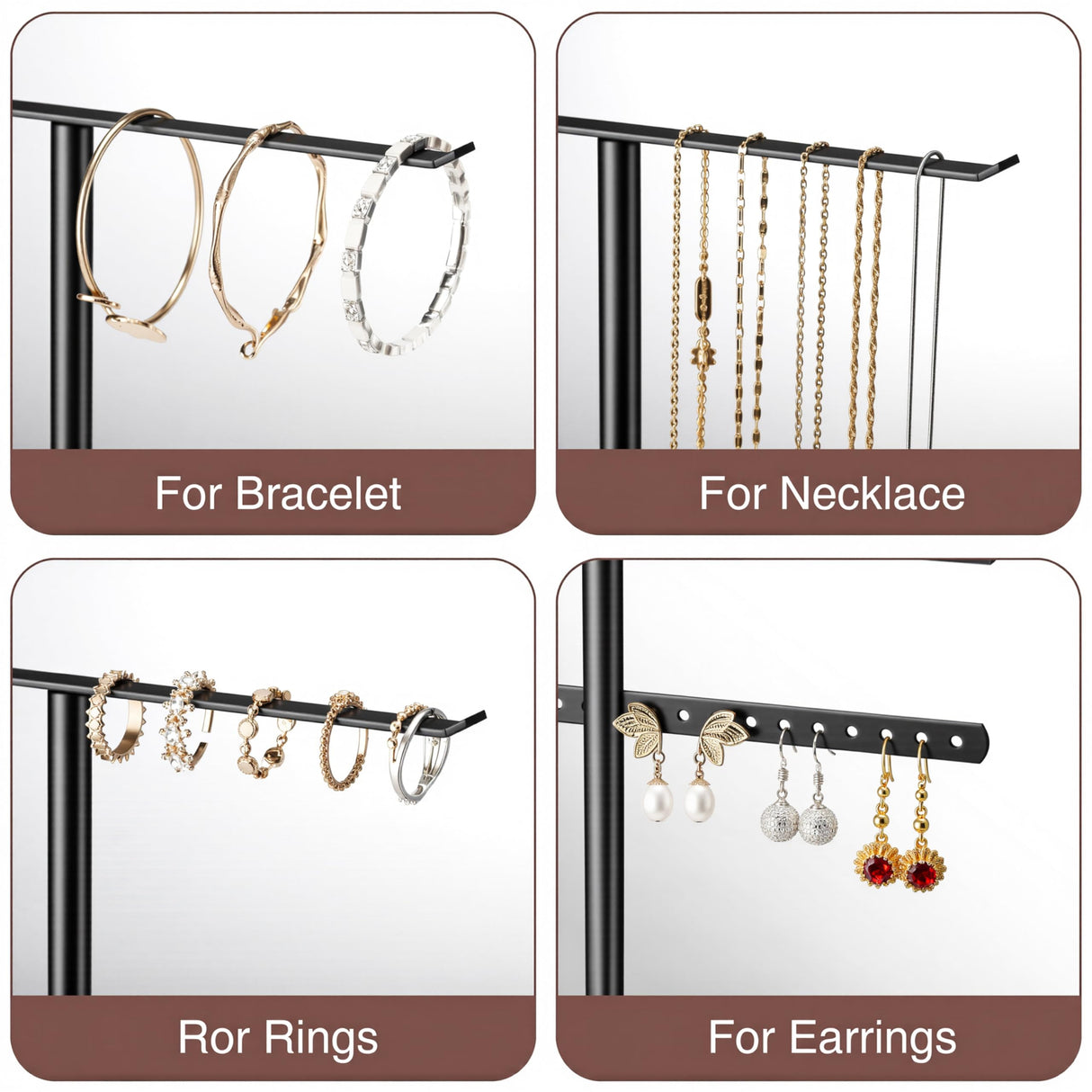 pickpiff Jewelry Stand Organizer, 14.5" Tall Sturdy Metal, 3-Tier Jewelry Holder for Necklace, Earring, Bracelet, Ring, Hanger for Display and Storage, Aesthetic Room Decor, Black pickpiff