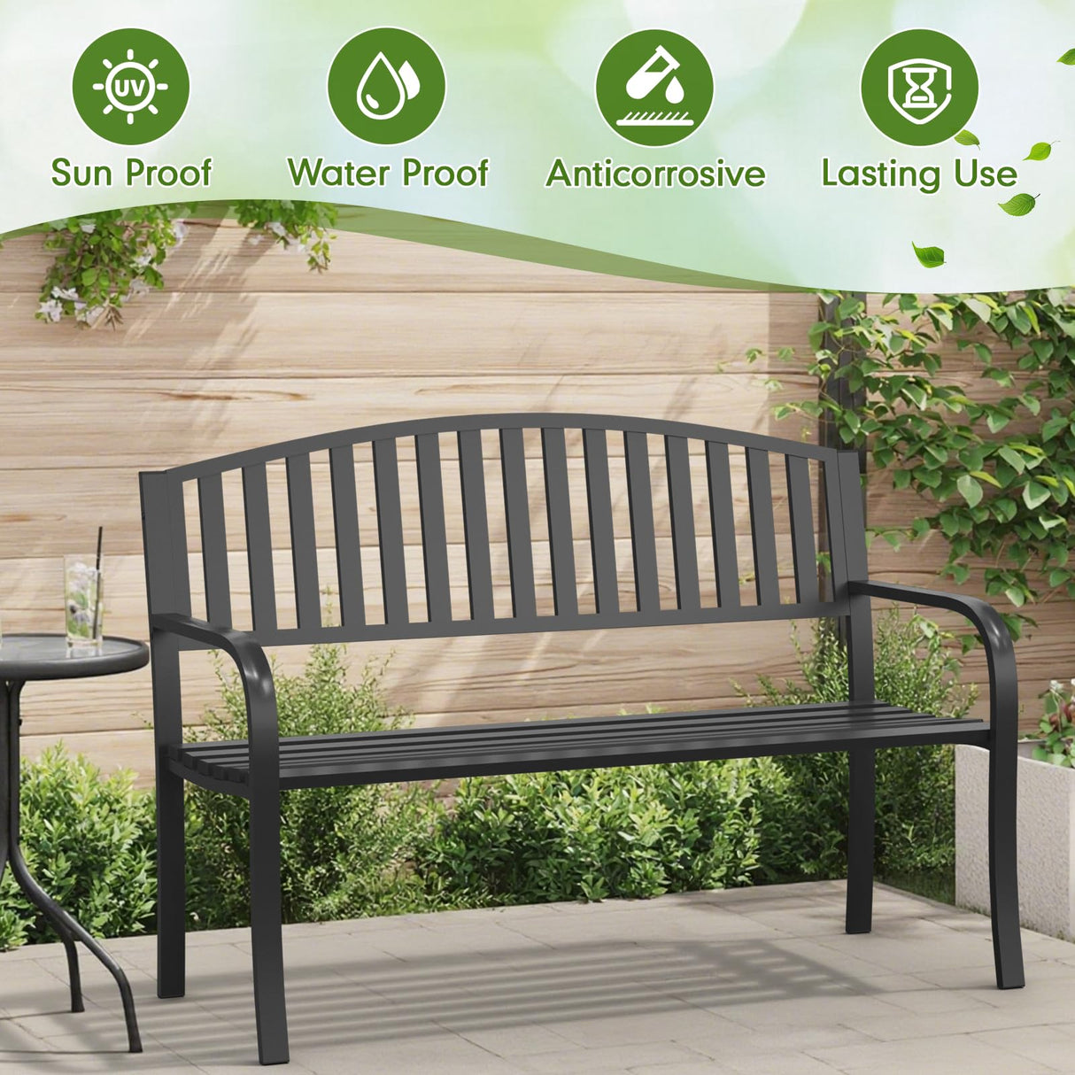 Optmspic 50" Outdoor Garden Bench, Iron Metal Frame Patio Bench with Backrest Armrests, Weatherproof Anti-Rust Outdoor Bench for Front Porch, Park, Yard, Patio (402-32BK) Optmspic