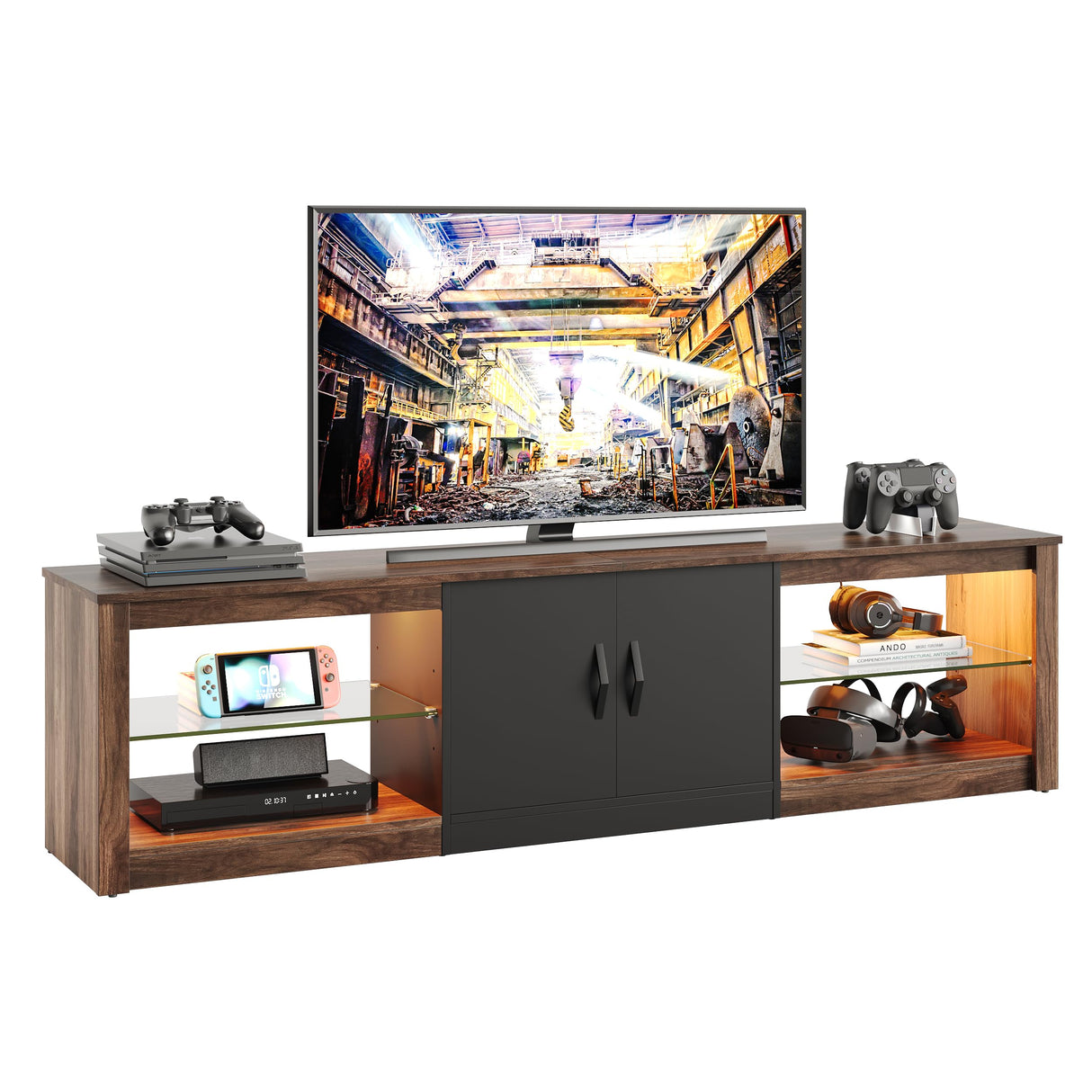 Bestier 70 Inch TV Stand for 75 inch TVs, Led Gaming Entertainment Center with Storage Cabinet, Large TV Cabinet with Adjustable Glass Shelves, Modern TV Console for Living Room Bedroom, Walnut Bestier