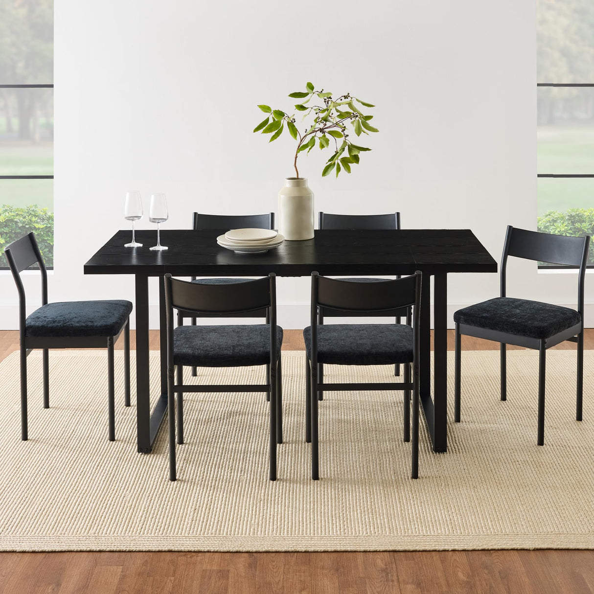 Best Choice Products 7-Piece Modern Dining Room Set, Kitchen Table Set, Dining Table w/ 6 Chairs, Upholstered Cushions, Solid Metal Frame, Curved Backrest - Black/Black Best Choice Products