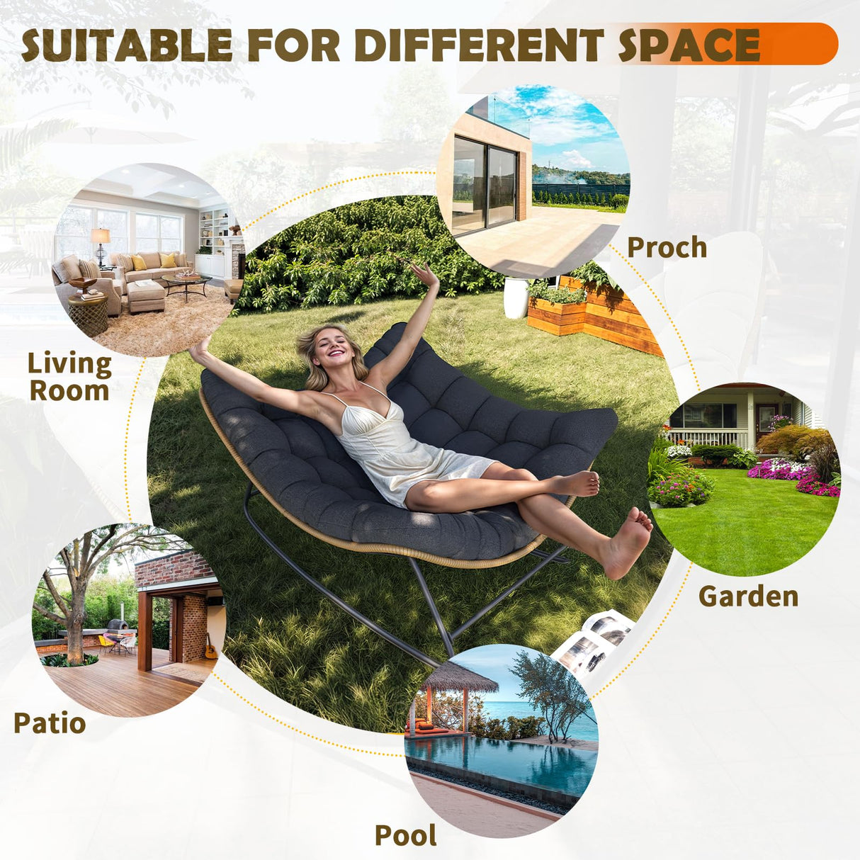 VONZOY Outdoor Rocking Chair, Indoor Papasan Chair, Oversized Egg Rocking Chair with Thick Cushion, Rattan Wicker Rocker Lounge Chair for Bedroom, Living Room, Patio, Garden, Porch (Dark Grey) VONZOY