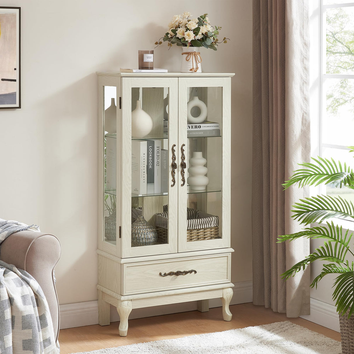 TRJQBCC 51"H Lighted Curio Display Cabinet with 2 Doors & 1 Drawer, Wooden Glass Curio Showcase w/ Adjustable Shelves & Mirrored Back Panel, Storage Cabinet Display Case for Living Room(Antique White) TRJQBCC