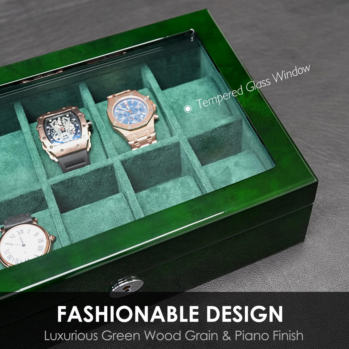 SYENS Watch Box for Men 10 Watches Storage Organizer Case, Smart Watch Display, Green Wood with Soft Suede Interior, Large Glass Window, Gift for Women and Man (10W-GR) SYENS