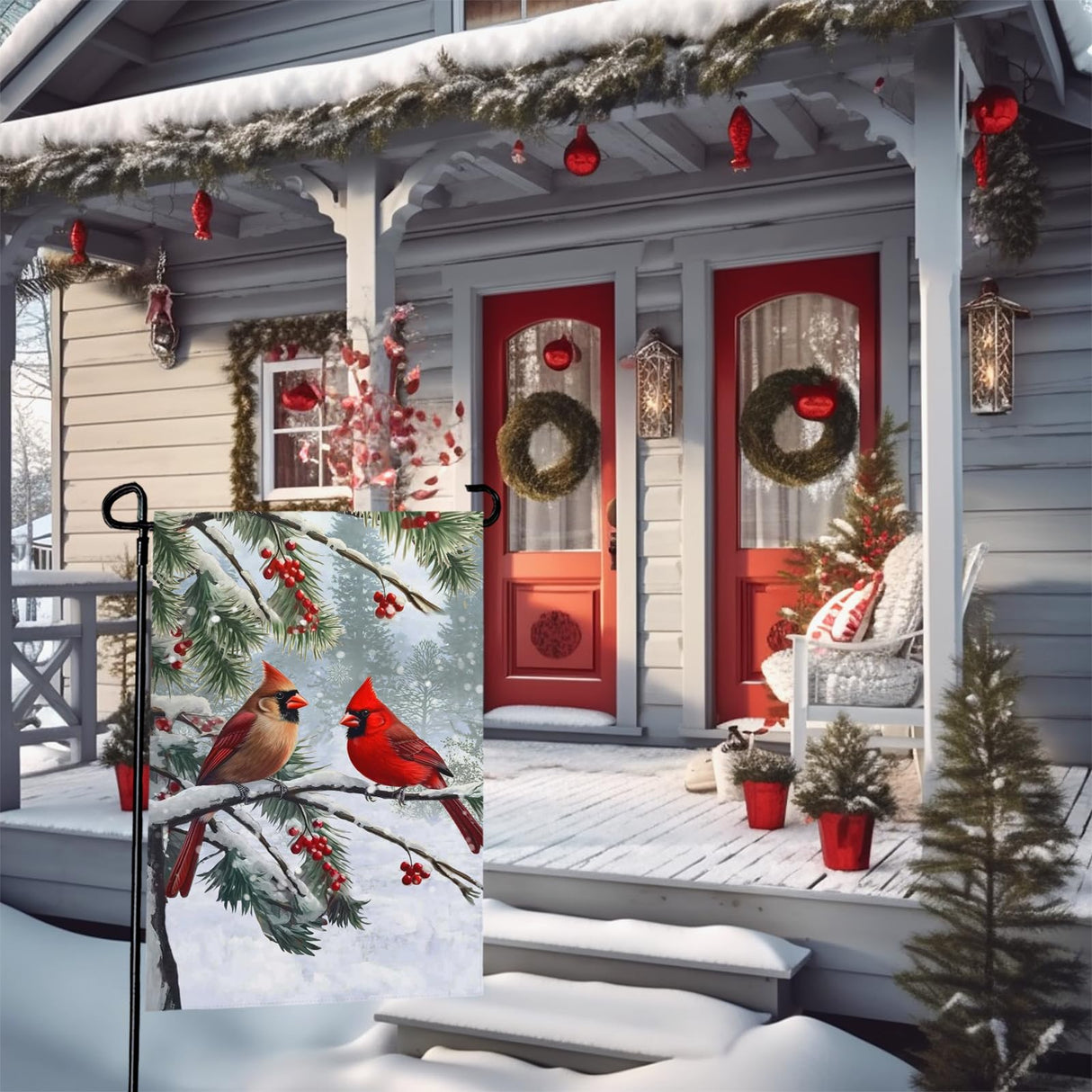 Dacawin Winter Cardinal Bird Garden Flag Red Bird Pine Twigs Yard Flag Double Sided Polyester Holly Berry Snow Seasonal Garden Flags for Outdoor Farmhouse Christams Holiday Decor 12x18 Inch Dacawin