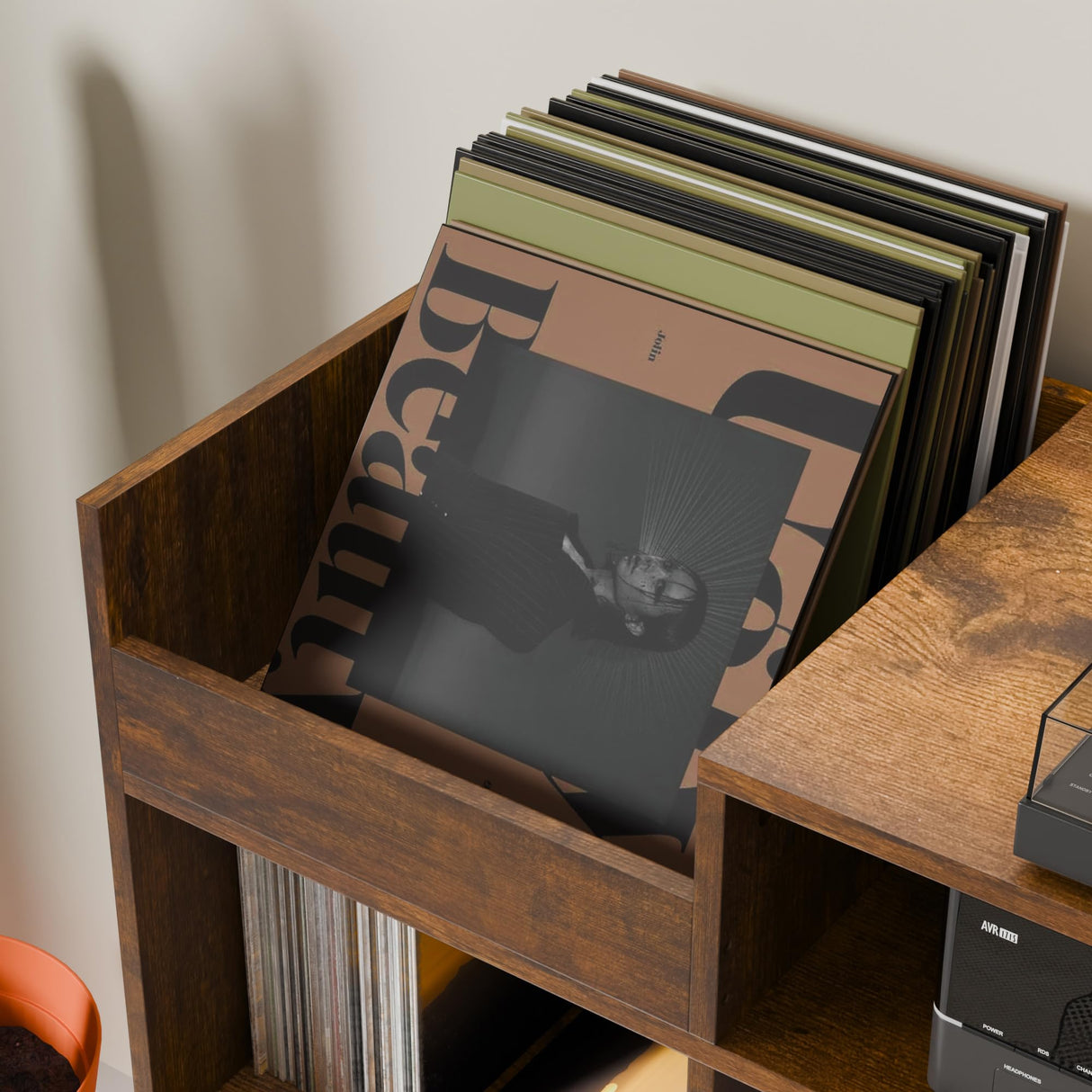 Cozy Castle Large Record Player Stand, Vinyl Storage Cabinet Mid Century Modern Turntable Stand Media Console Table Open Shelf Cube CD Album Holder Organizer for Living Room, Office, Rustic Brown Cozy Castle