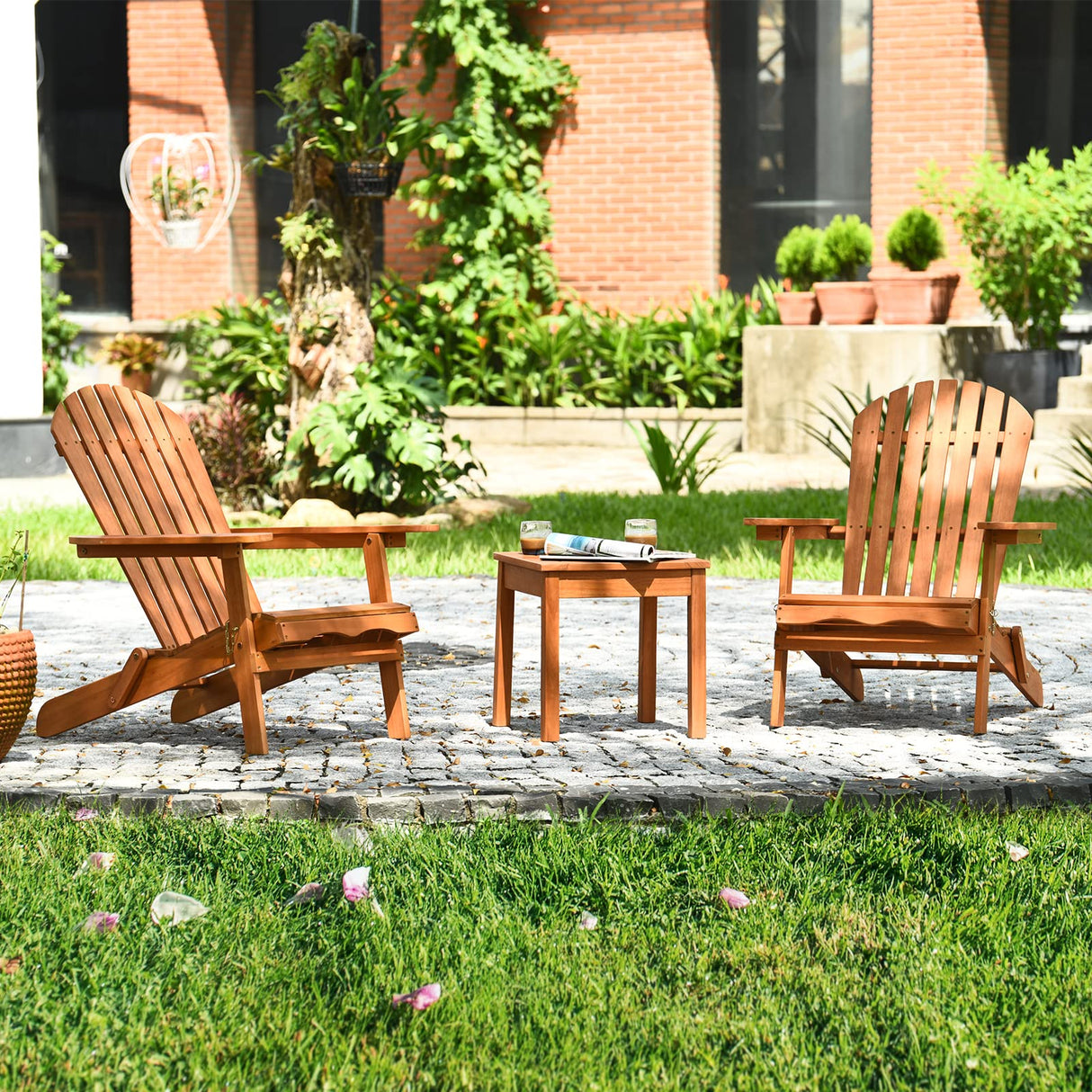Tangkula 3 Pieces Adirondack Chair Set, Outdoor Wood Furniture Set with 2 Folding Lounge Chairs & Side Table, Widened Armrest, Slatted Design, All Weather Conversation Set for Garden Patio Backyard Tangkula