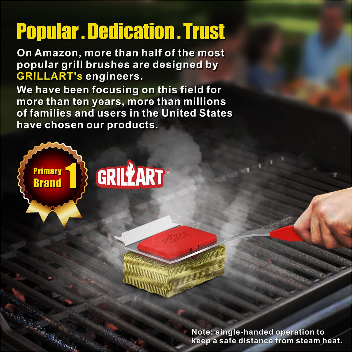 GRILLART Grill Brush Bristle Free. SteamWizards BBQ Replaceable Cleaning Head, Unique Seamless-Fit Scraper Tool for Cast Iron/Stainless-Steel Grates, Safe Barbecue Grill Cleaner-Red GRILLART