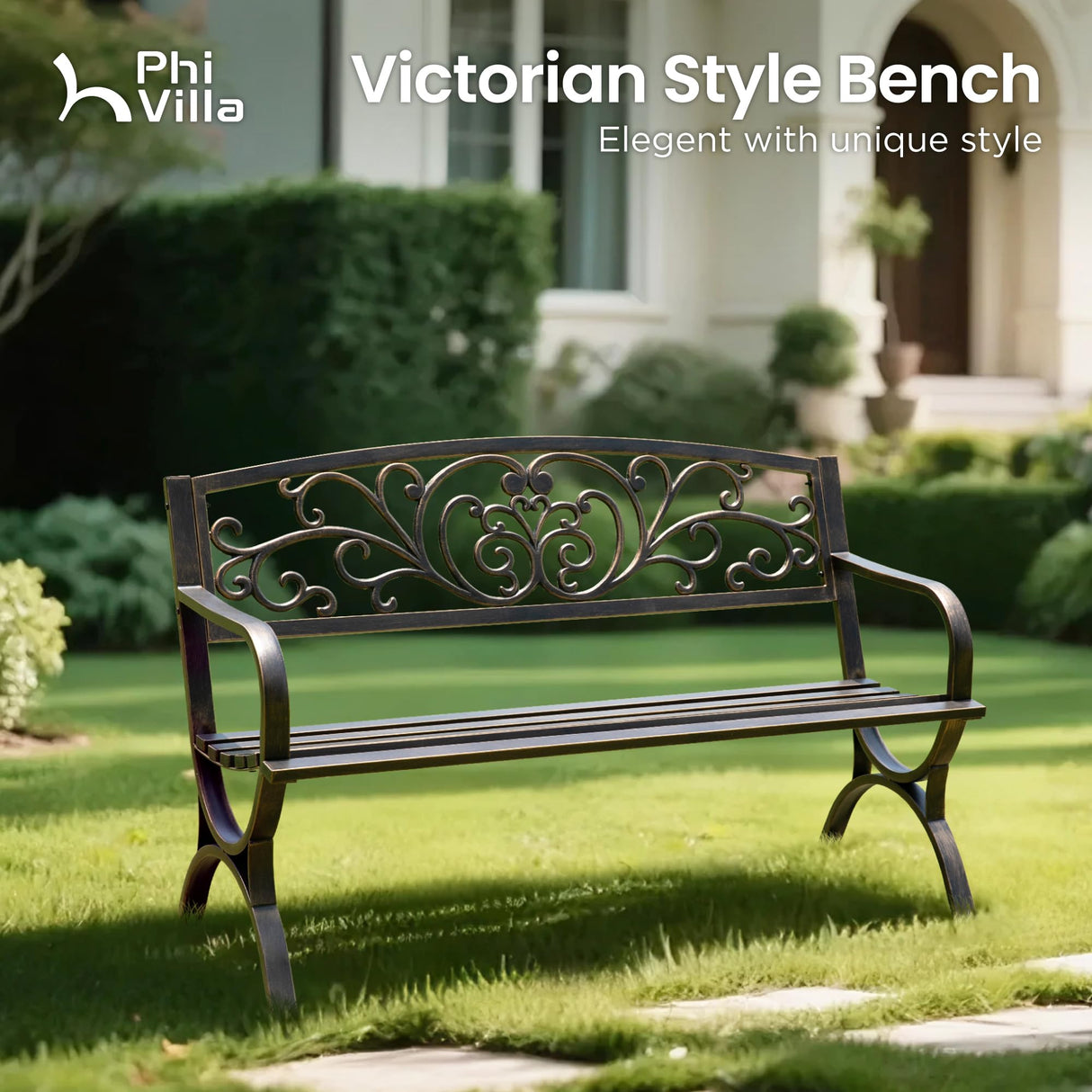 PHI VILLA 50" Garden Bench Outdoor Bench Patio Bench for Outdoors Metal Porch Steel Frame Furniture for Yard PHI VILLA
