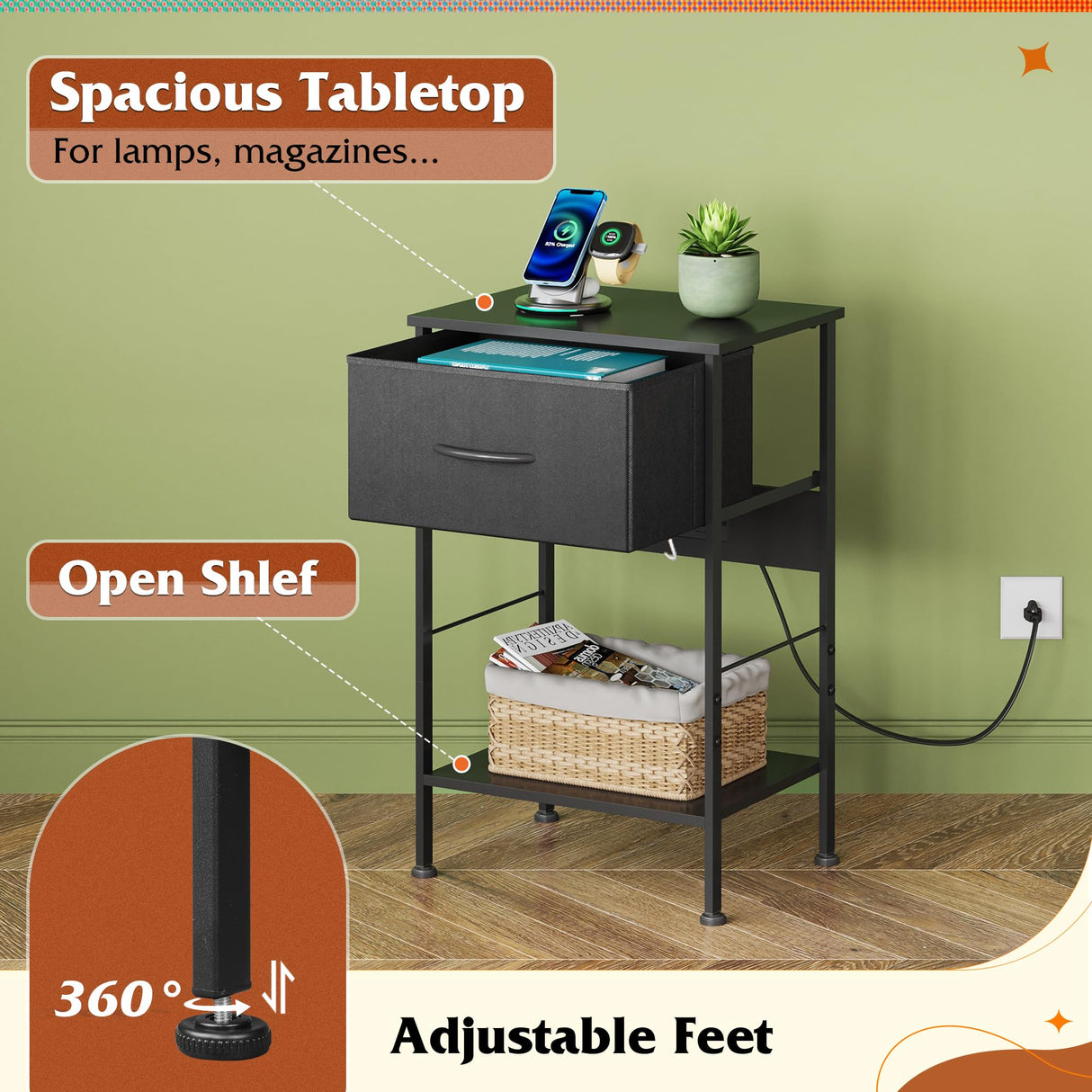 WLIVE Night Stand with Charger Station, Small Nightstand with 1 Fabric Drawer and Open Wood Shelf, 25" H Bedside Table for Bedroom, 2-Tier Storage Side Table for Dorm, Entryway, Black WLIVE