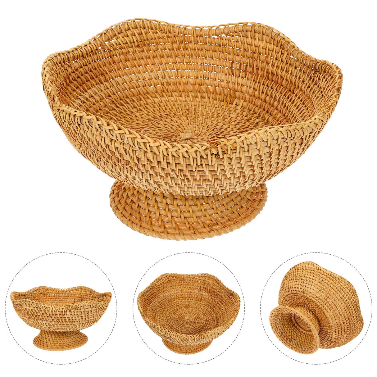 Zerodeko Rattan Fruit Bowl Bread Basket Woven Footed Bowl Round Pedestal Plate Dessert Display Platter Snack Serving Dish Tabletop Organizing Basket for Kitchen Counter Zerodeko