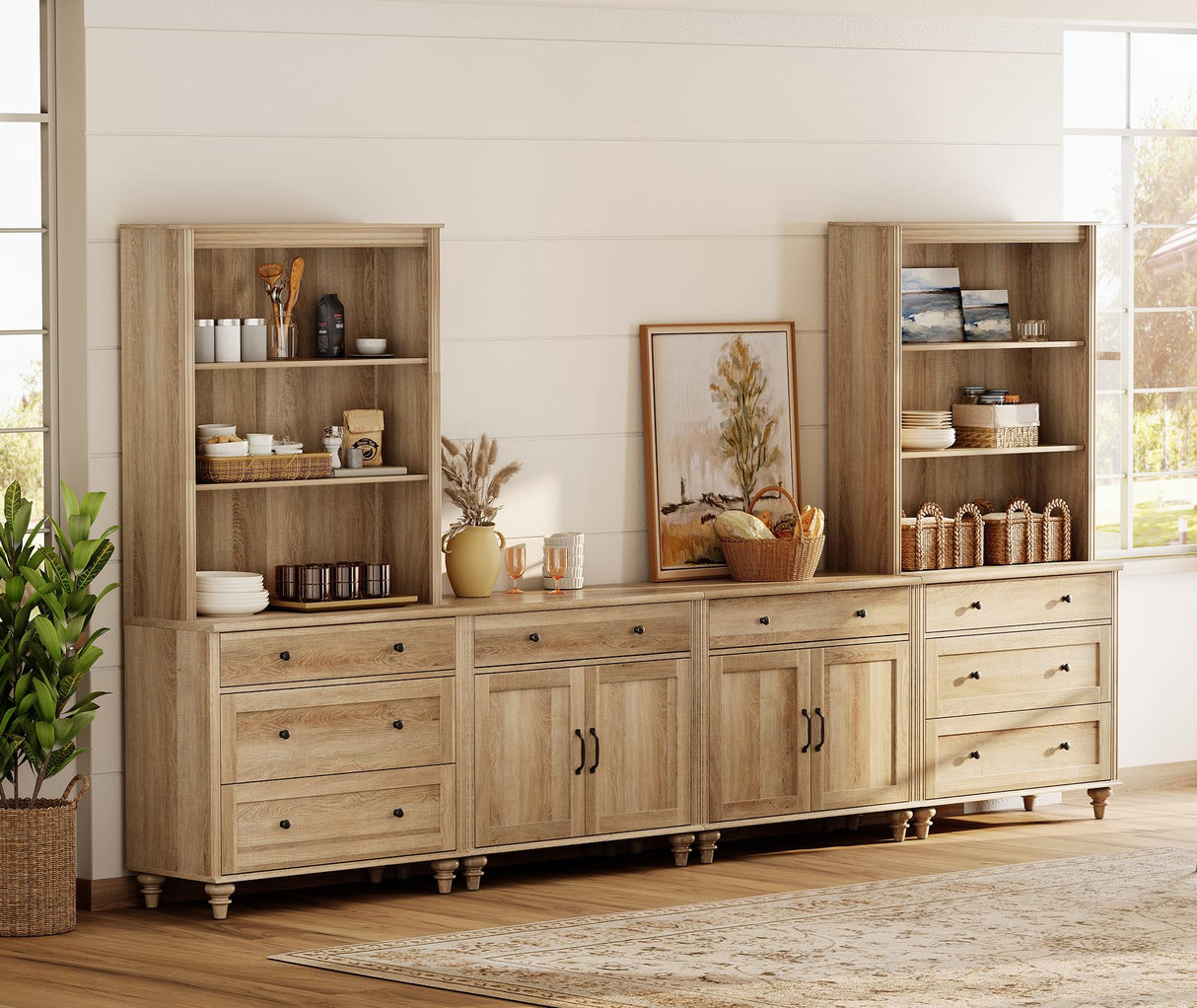 WAMPAT Entertainment Center with Bookshelves for TVs up to 75", Farmhouse Wall Unit TV Stand with Doors & Drawer, Media Console Table for Living Room, Bedroom & Home Theater, Oak WAMPAT