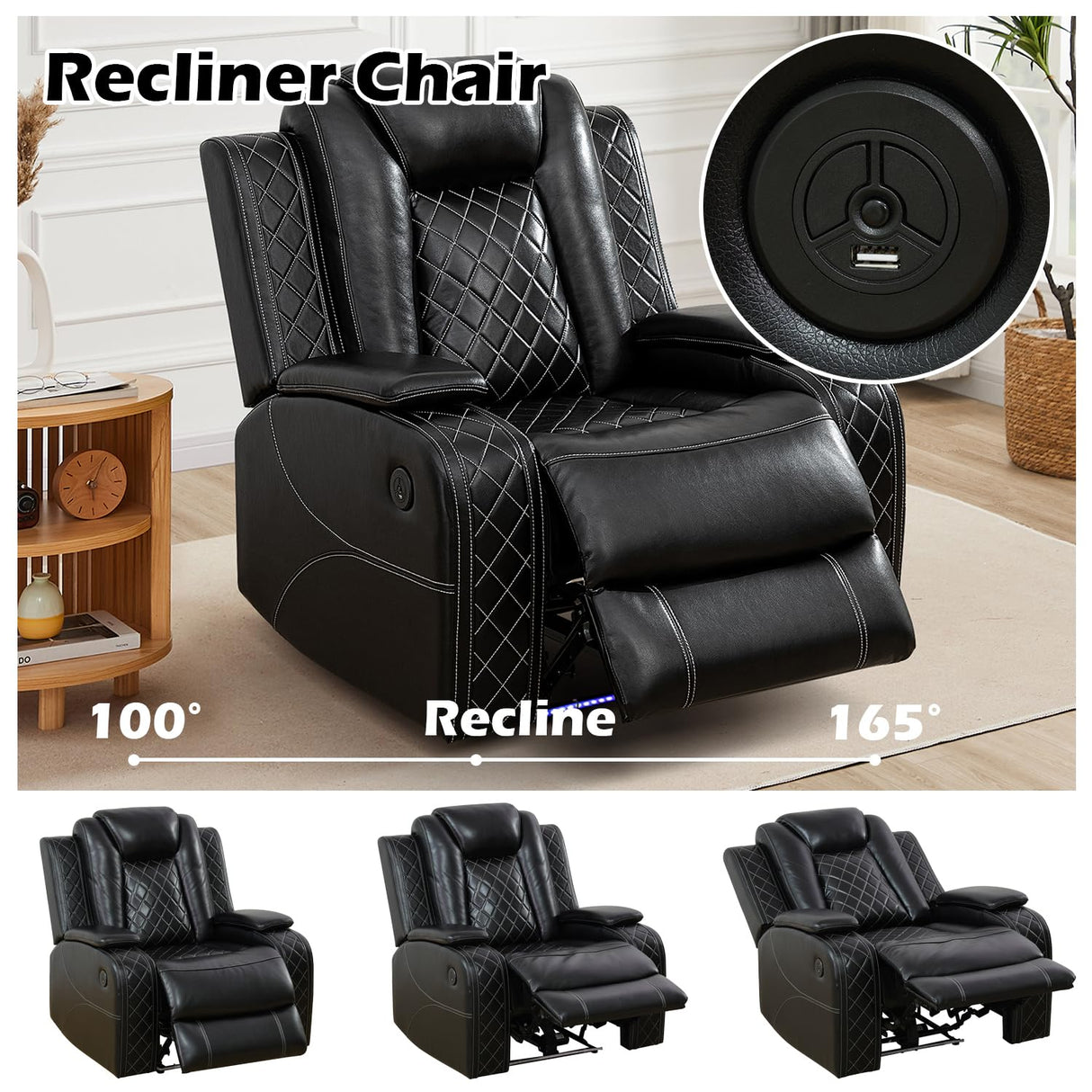 SIENWIEY Power Leather Recliner Sofa Set with LED Lights, Recliner Couch Set for Living Room Furniture Sets,Leather Couch with USB Port/Reading Lamp,Sofa+Chair+Chair SIENWIEY