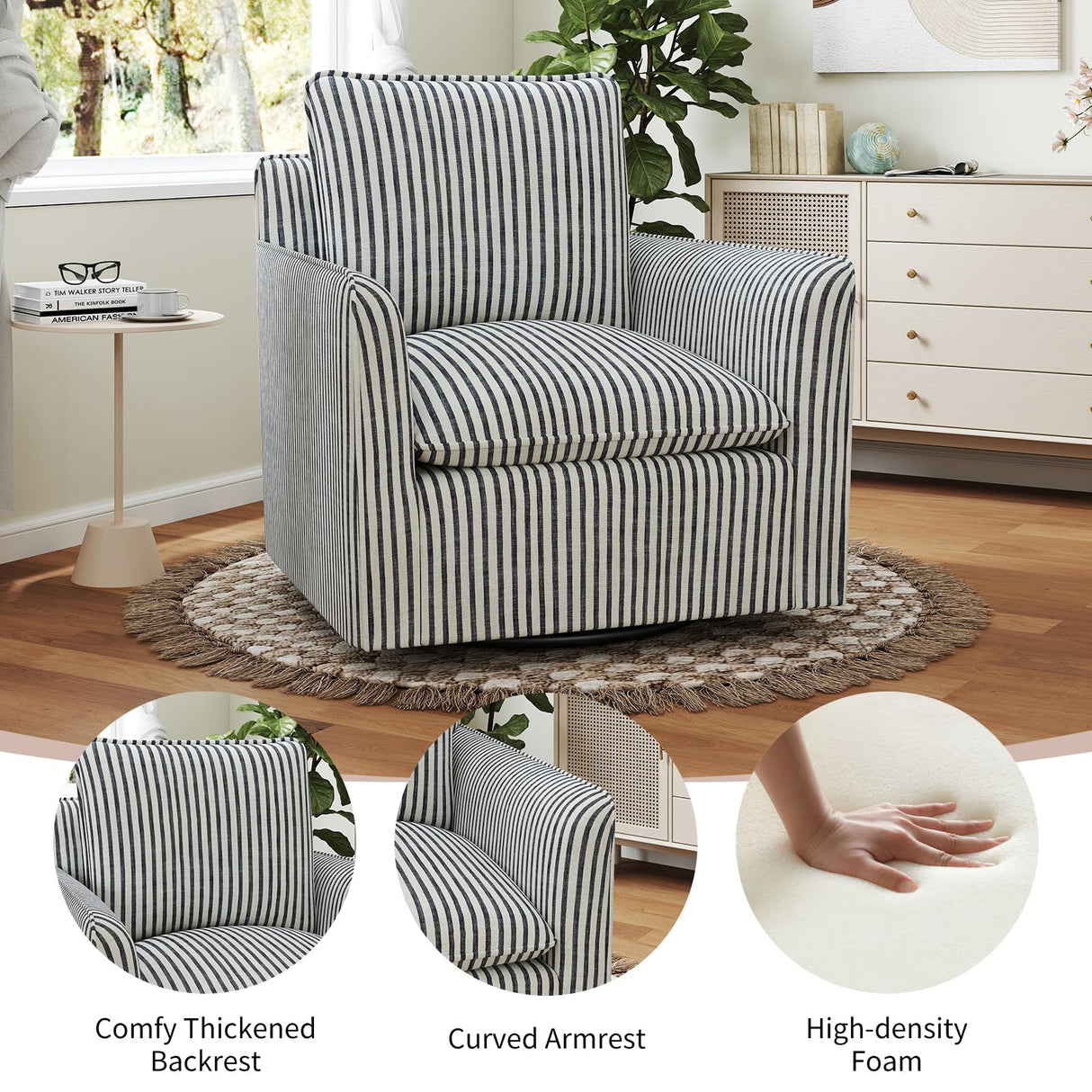 INZOY Swivel Accent Chair, Upholstered Square Chair, Swivel Barrel Reading Chair with Thick Padded Backrest Cushion, Arm Chair for Living Room Bedroom Small Spaces, Blue Stripe INZOY