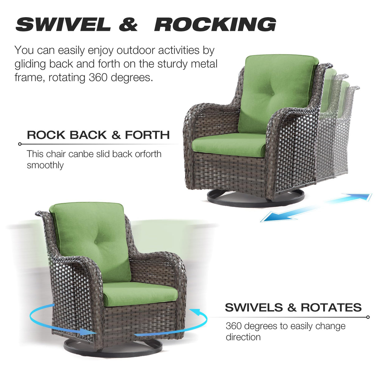 Joyside Wicker Patio Furniture Sets 8 Piece Set with 3-Seat Sofa, 2 Swivel Rocking Armchairs, 2 Armchairs, 2 Ottoman and 1 Side Table Wicker Outdoor Conversation Set(Brown Mixed Gray/Green) Joyside