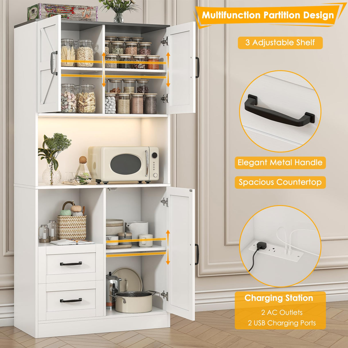 HAUXITIO Kitchen Pantry Storage Cabinet - with LED Lights and Power Strip, 68" Tall Food Pantry Hutch Organizer with Countertop, 2 Drawers, 3 Doors, Adjustable Shelves for Dining Living Room, White HAUXITIO