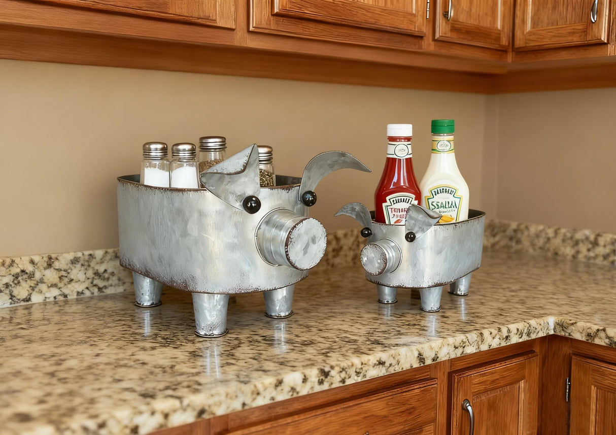 ShabbyDecor Galvanized Metal Pig Bowl Farmhouse Pig Storage Holder for Bathroom Kitchen Living Room Set of 2,Big and Small ShabbyDecor