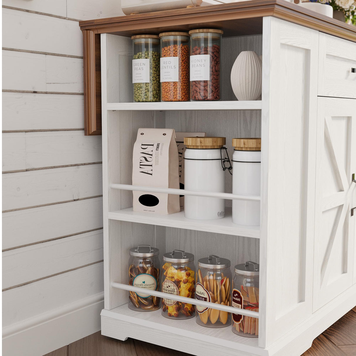 IRONCK Kitchen Island with Storage, Rolling Island Table on Wheels with Cart Drop Leaf and Trash Can Storage, Portable Islands Table for Dining Room, Living Room, White IRONCK