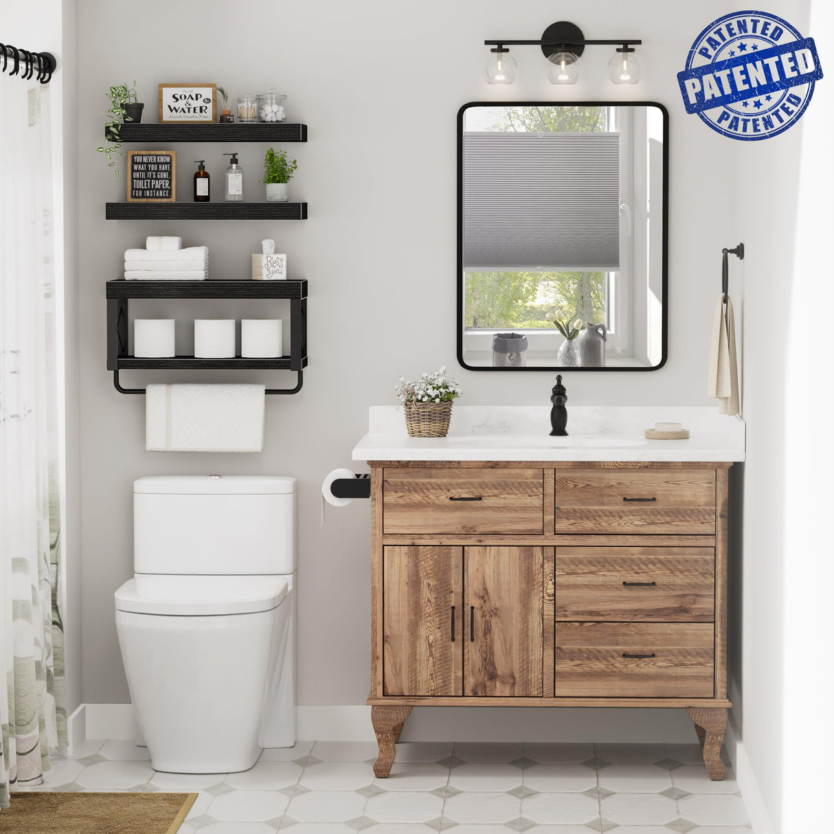 QEEIG Bathroom Shelves Over Toilet - Floating Shelf for Wall Toilet Paper Storage Farmhouse 16 inch Set of 3, Black (029-40B3) QEEIG