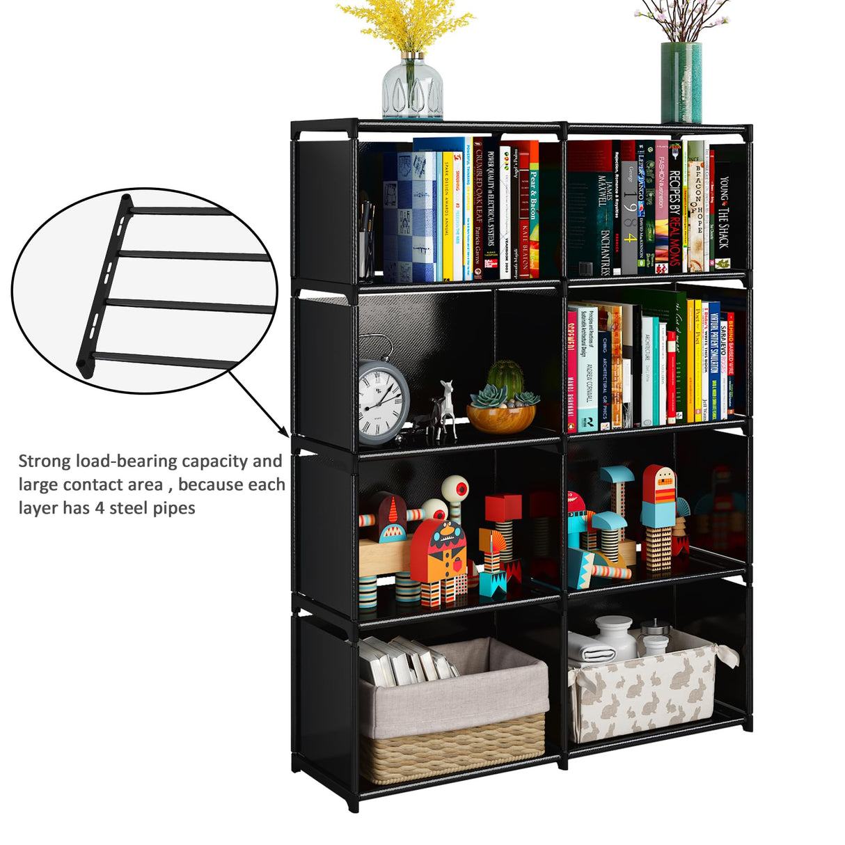 JIUYOTREE 5-Tiers Portable Bookshelf with Fabric Cloth at Back, 8 Cube Closet Storage Organizer Bookcase, Living Room,Study Room,Bedroom, Black JIUYOTREE