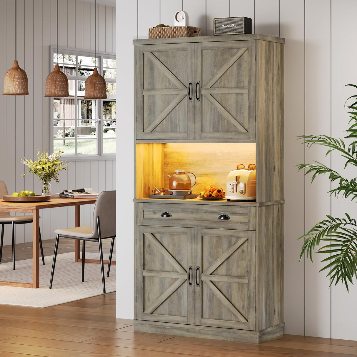 UPOSOJA Farmhouse Kitchen Pantry Cabinet with Operation Table, 72.6" Storage Cabinet with LED Lights and Power Strip, Adjustable Shelves for Dining Room, Bathroom, Living Room (Gray) UPOSOJA