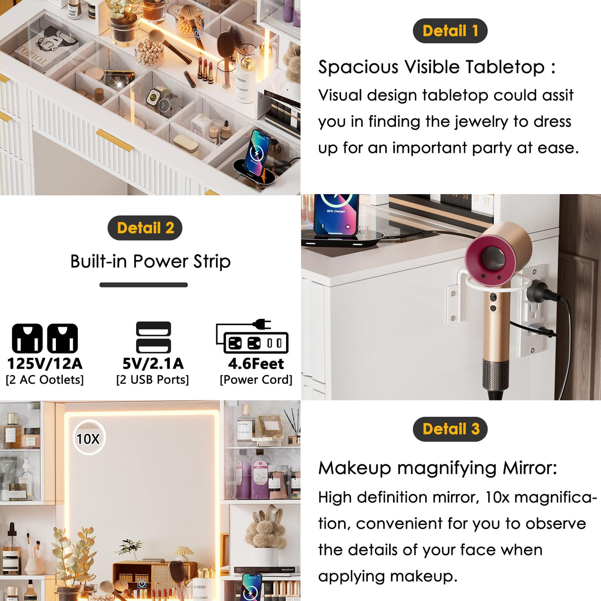 PAKASEPT Vanity Desk with Mirror and Lights, Fluted Makeup Vanity Desk with Lights 3 Colors, Glass Top Vanity with 16 RGB Colors Cabinet, 2 Shelves & 5 Drawers & Power Outlet for Bedroom PAKASEPT